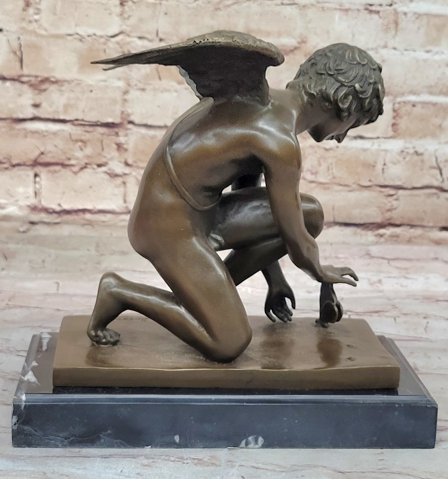 NUDE MALE GUARDIAN ANGEL Winged Sculpture Statue Antique 100% Real Bronze