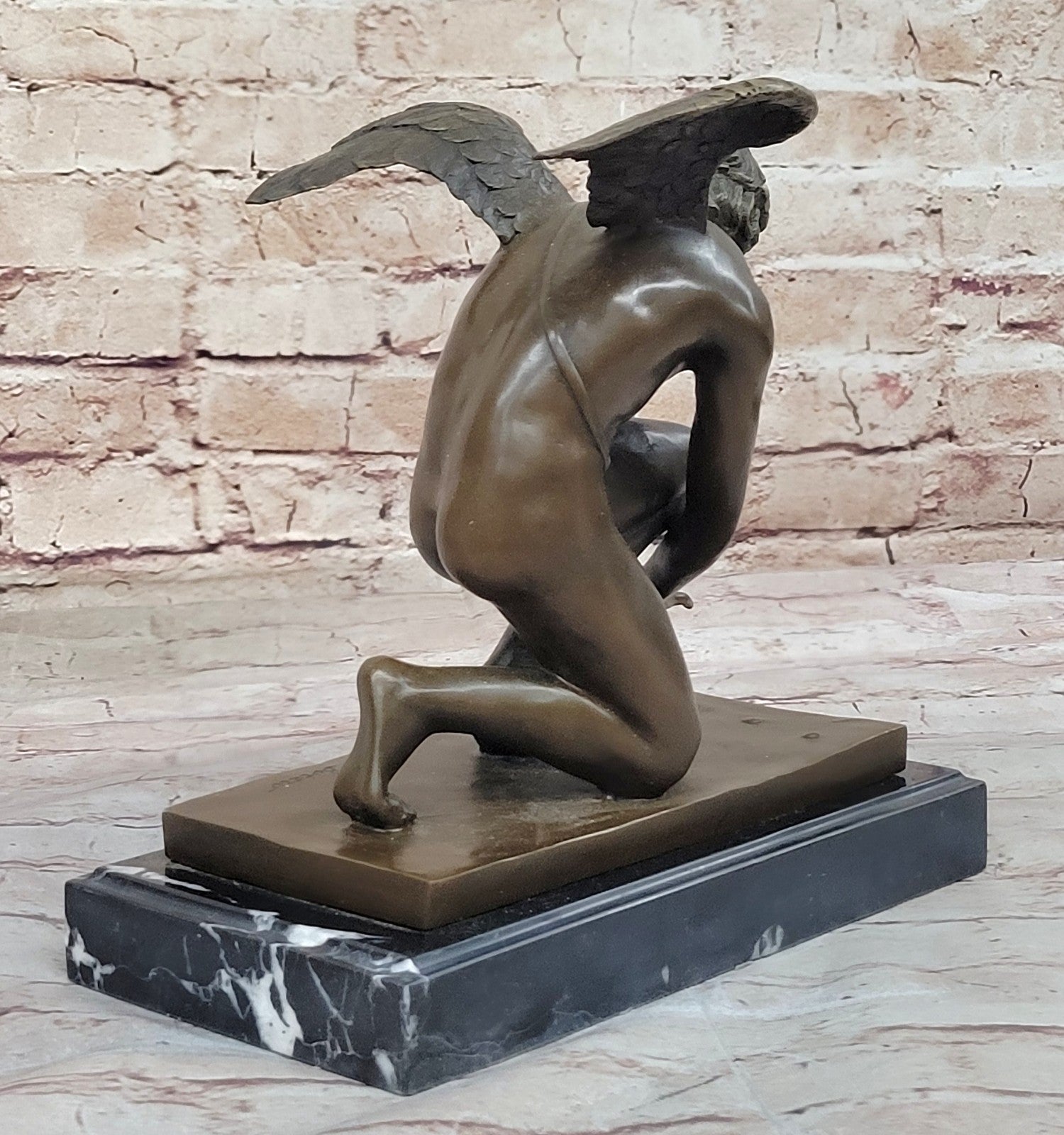 NUDE MALE GUARDIAN ANGEL Winged Sculpture Statue Antique 100% Real Bronze