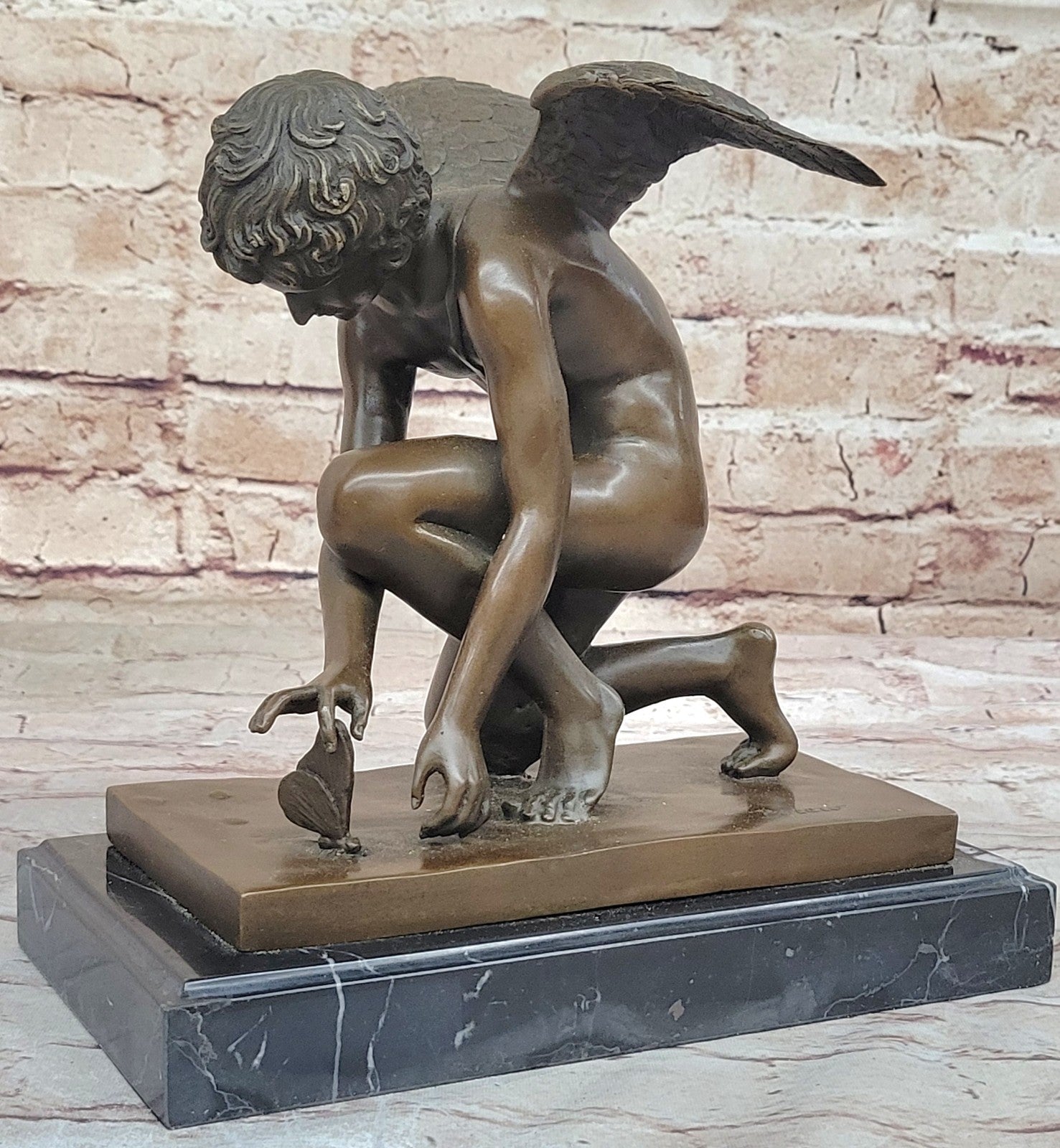 NUDE MALE GUARDIAN ANGEL Winged Sculpture Statue Antique 100% Real Bronze