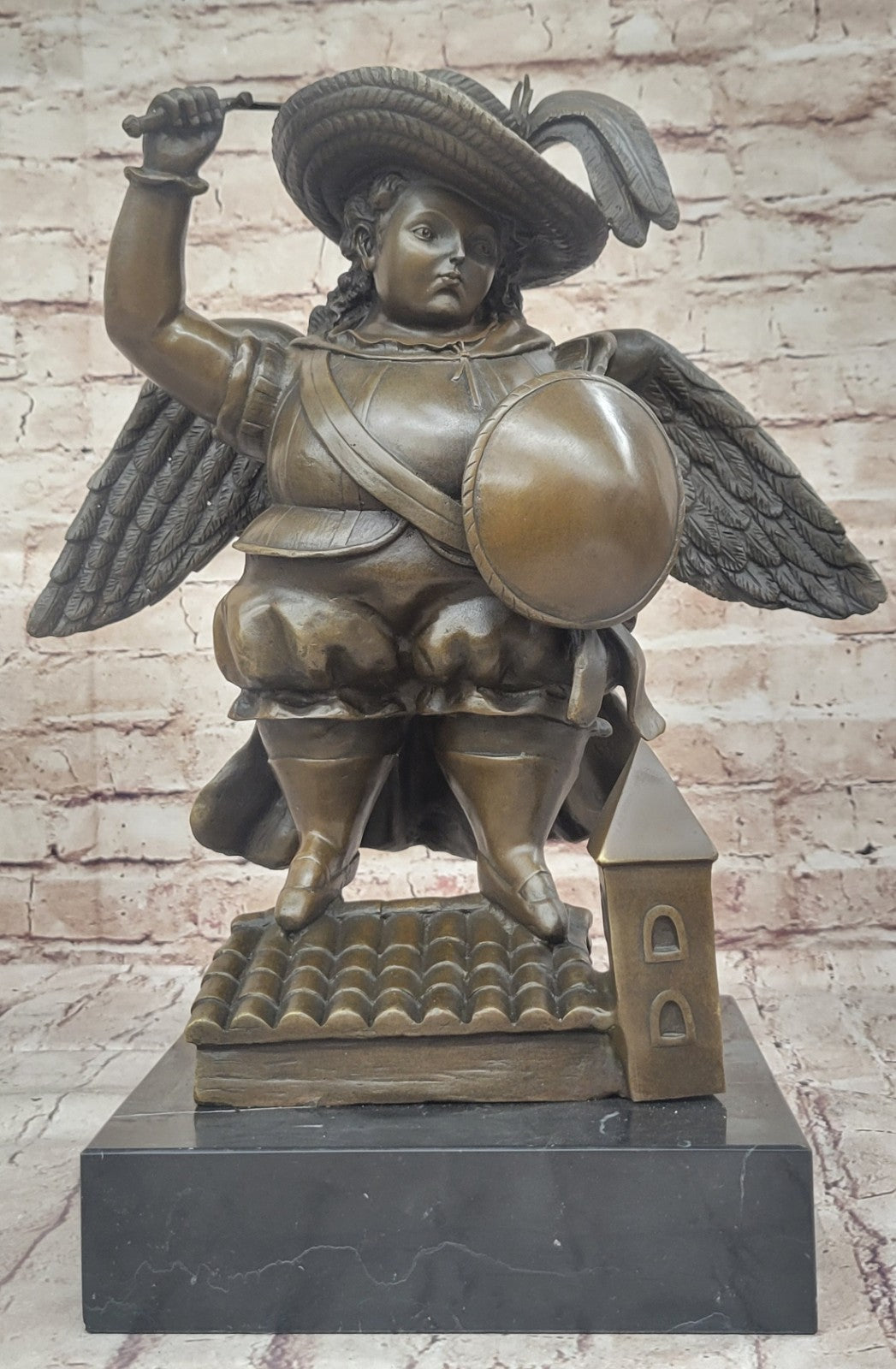 Bronze Sculpture Signed Botero Hand Made Arch Angel With Sword and Wings