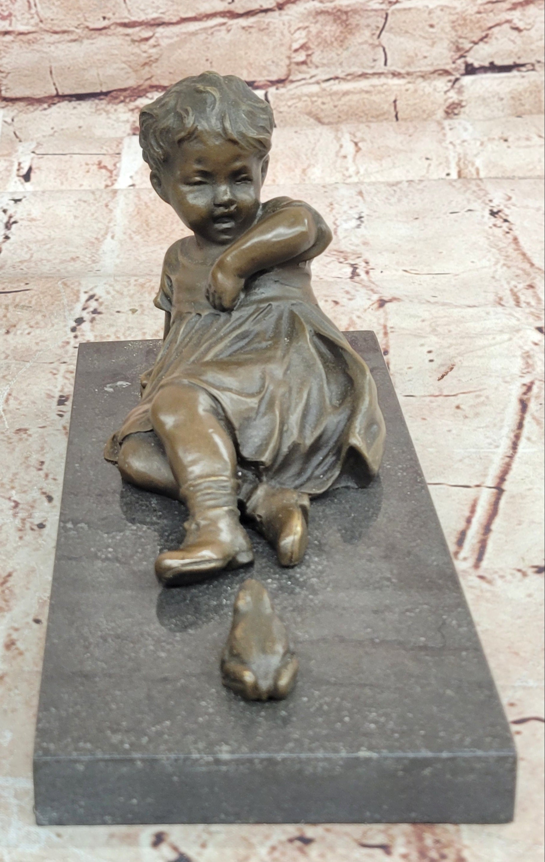 Signed Juno Bronze Sculpture Girl Sitting with Frog Handmade Artwork