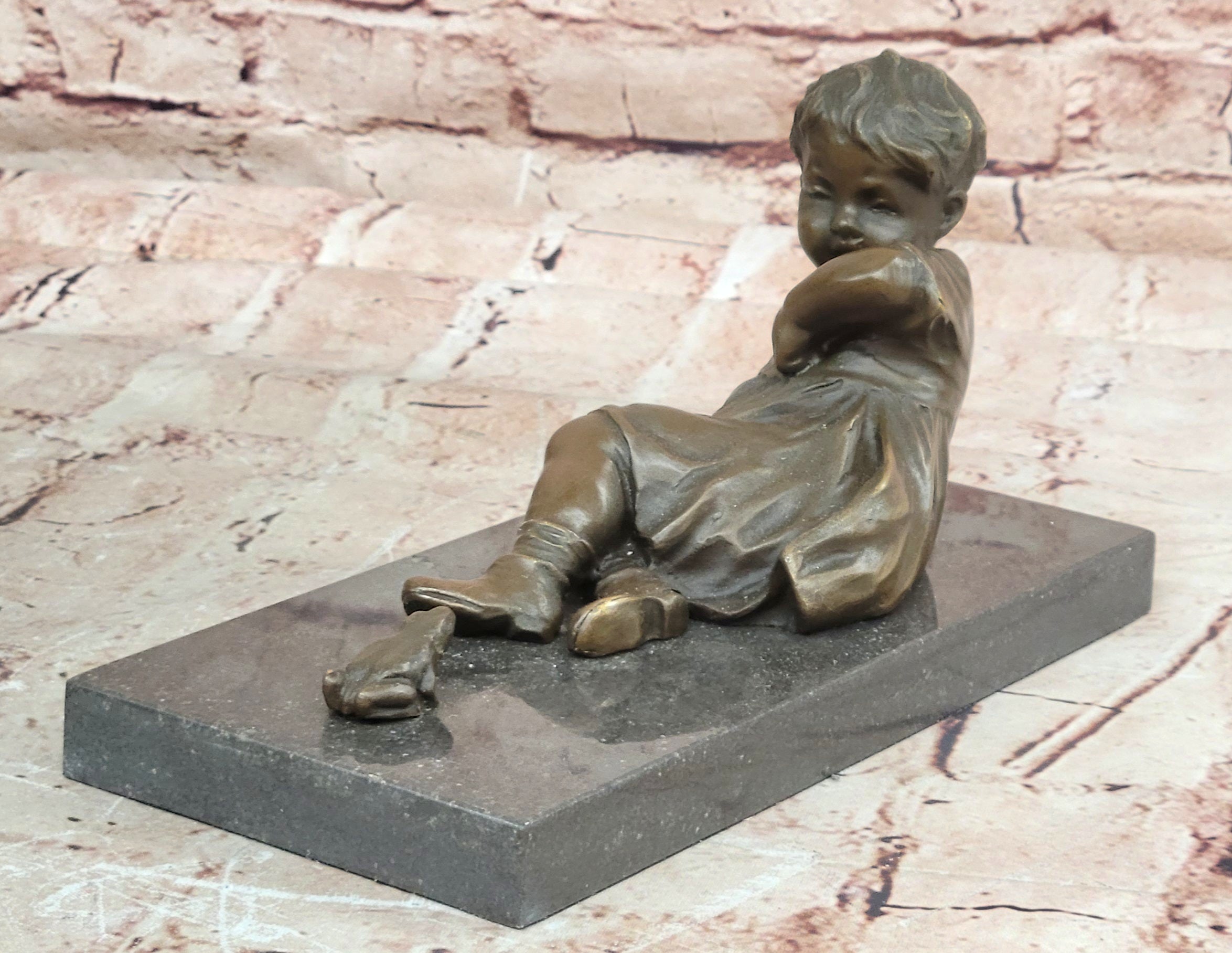 Signed Juno Bronze Sculpture Girl Sitting with Frog Handmade Artwork