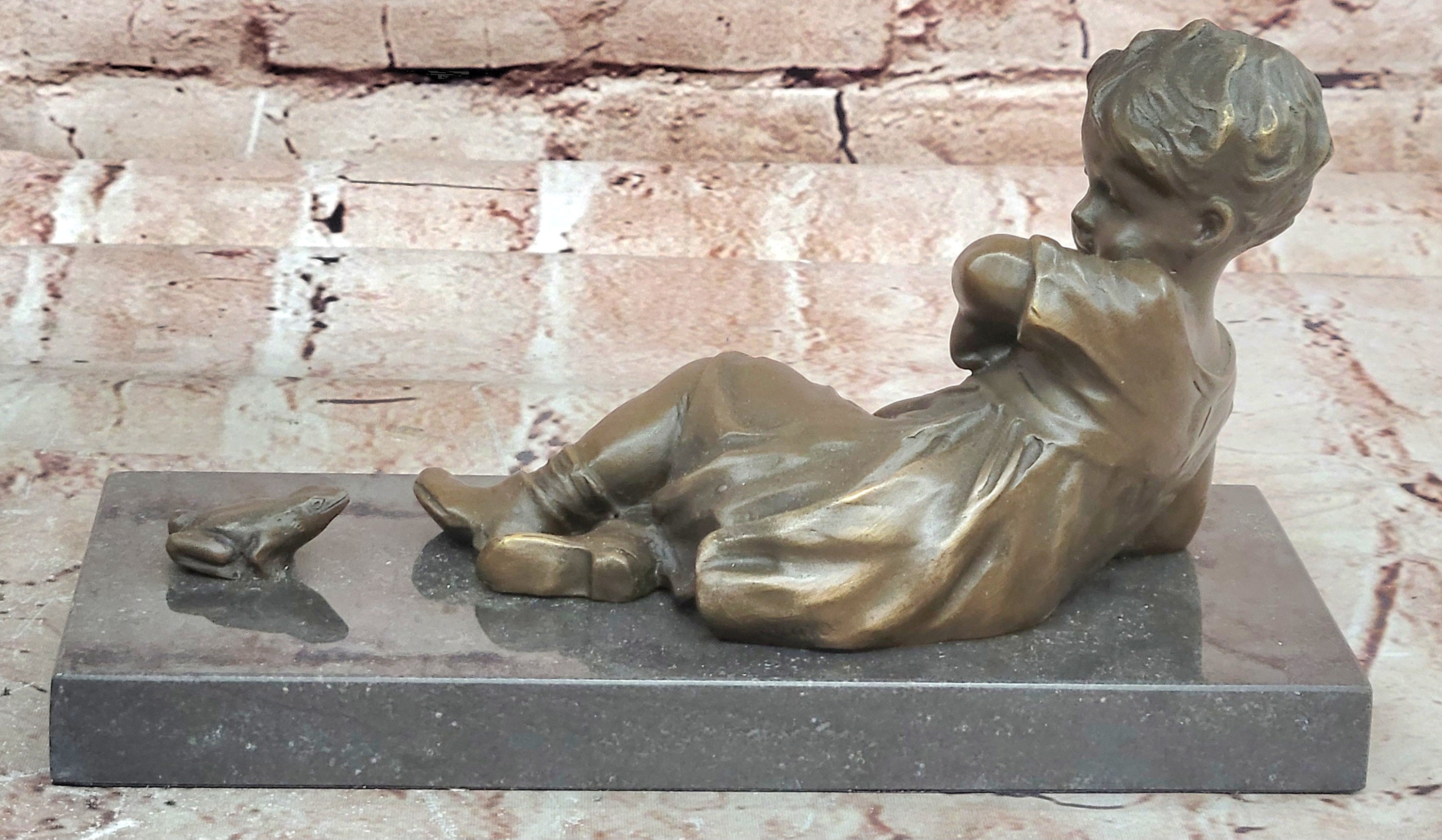 Signed Juno Bronze Sculpture Girl Sitting with Frog Handmade Artwork