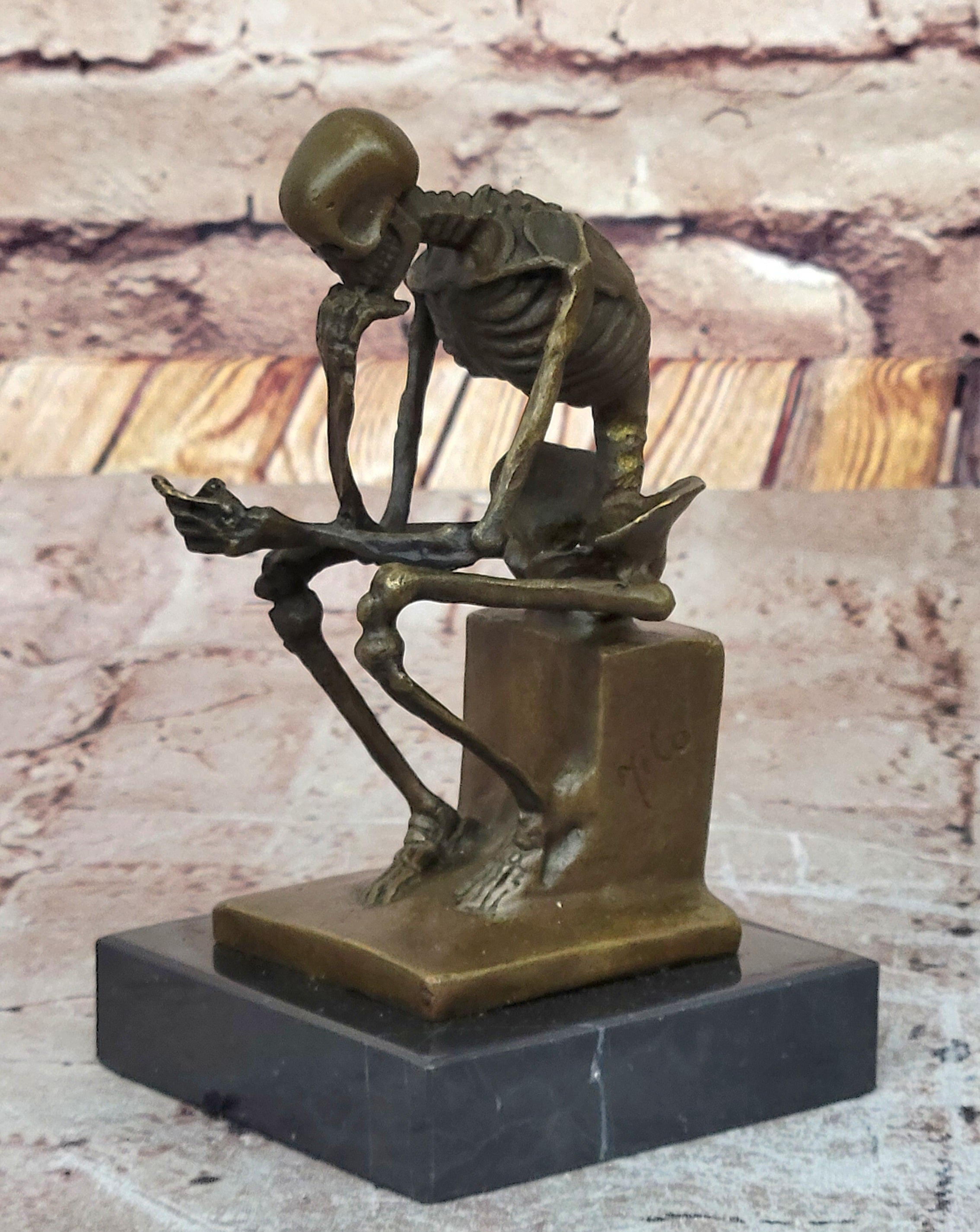 Unique Marble Figurine Skeleton Thinker Bronze Sculpture Signed Milo