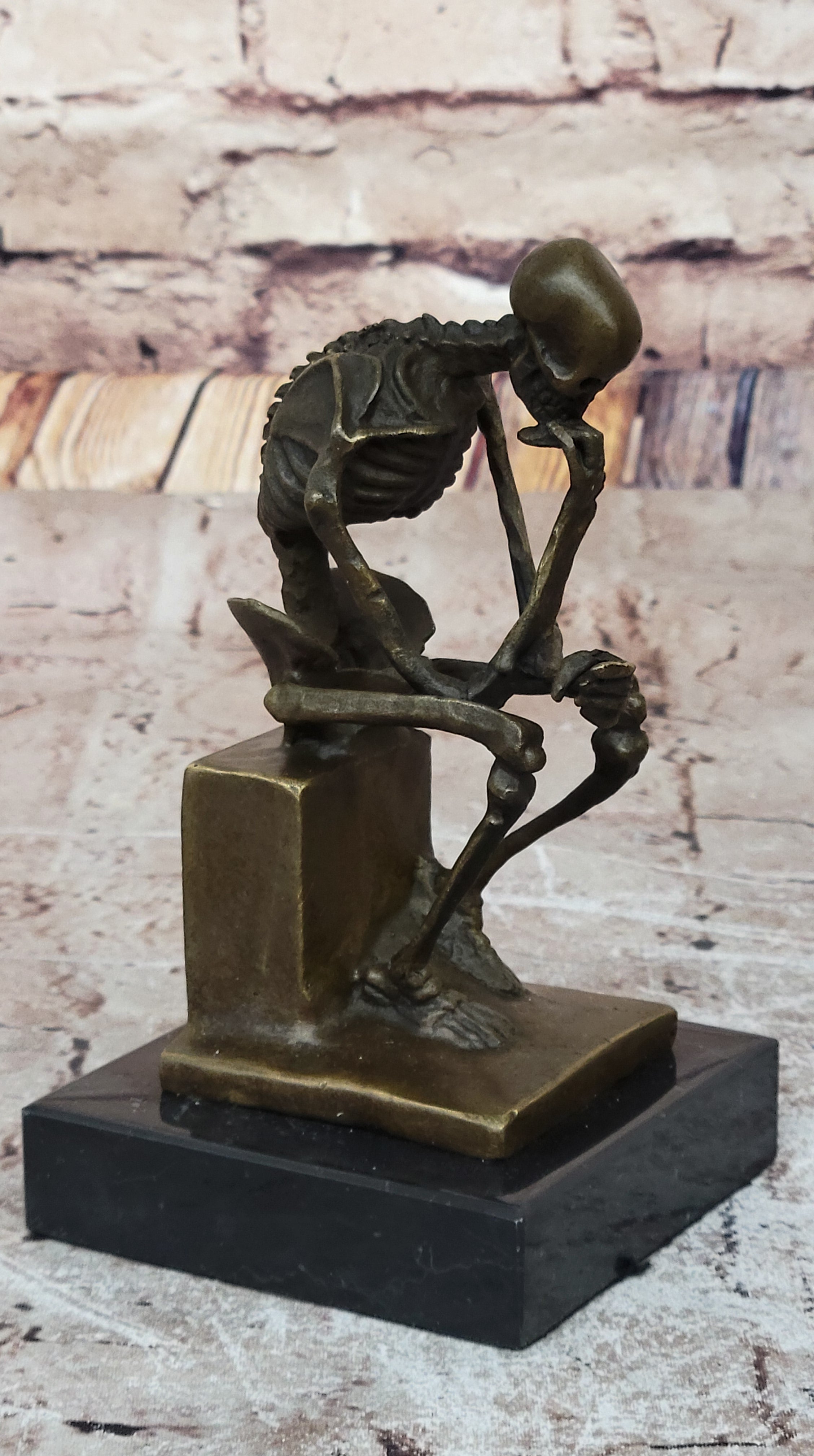 Unique Marble Figurine Skeleton Thinker Bronze Sculpture Signed Milo