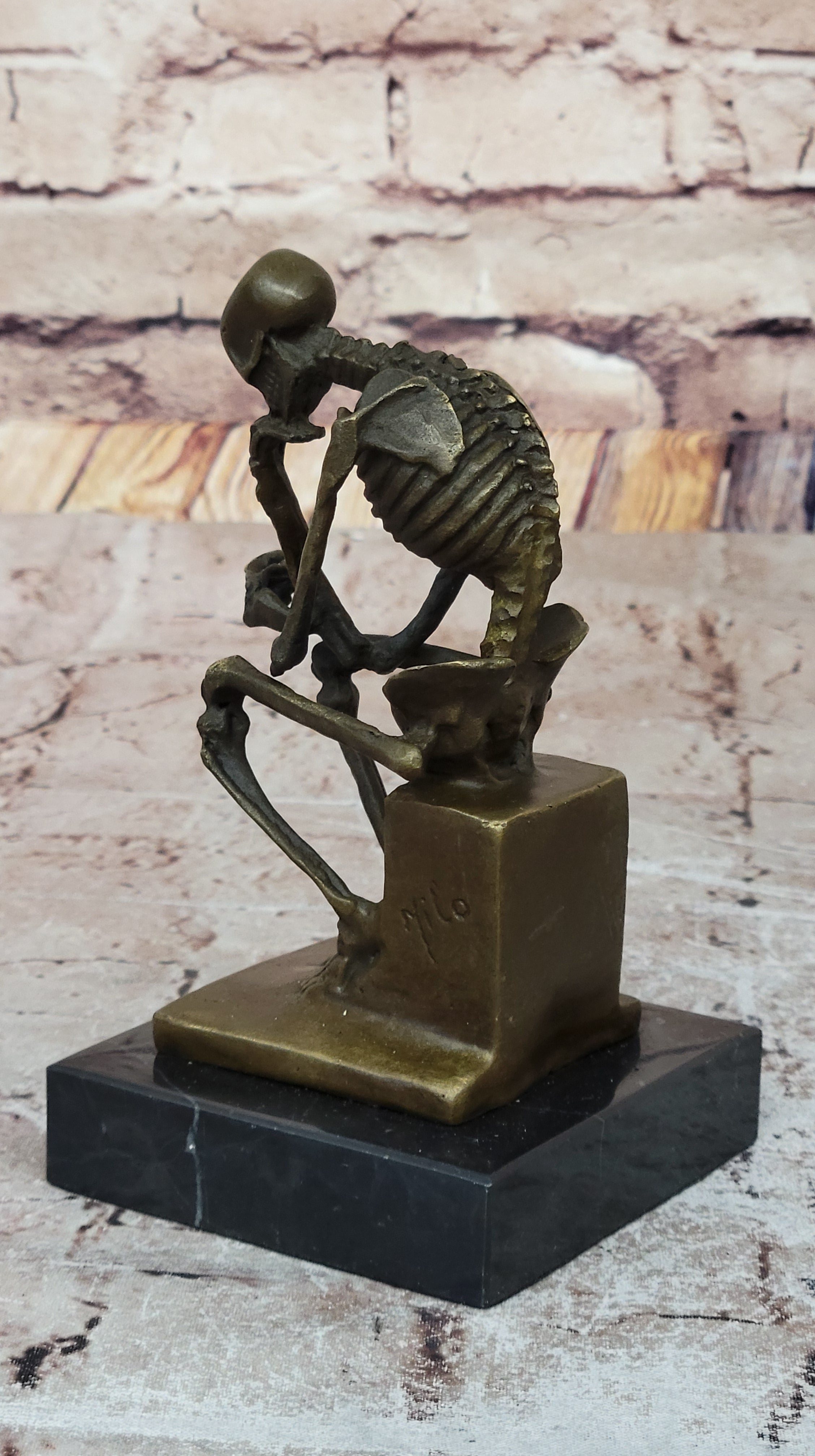 Unique Marble Figurine Skeleton Thinker Bronze Sculpture Signed Milo