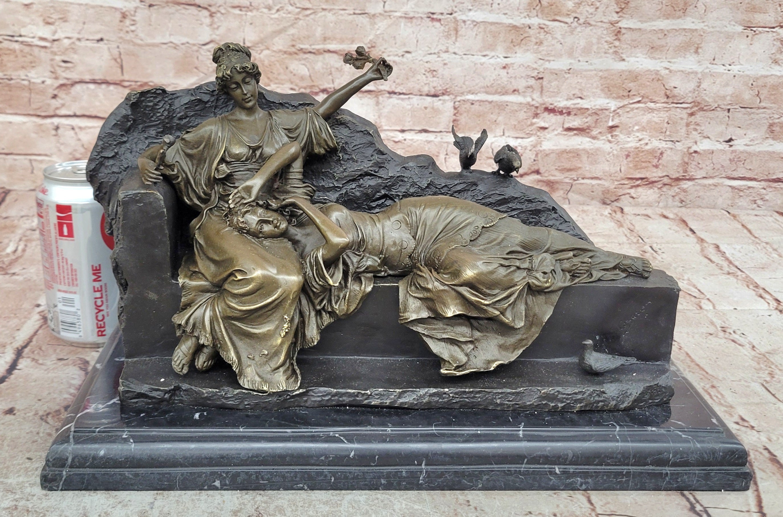 Two Reclining Maidens Bronze Sculpture Signed Fine Art Victorian Style Statue