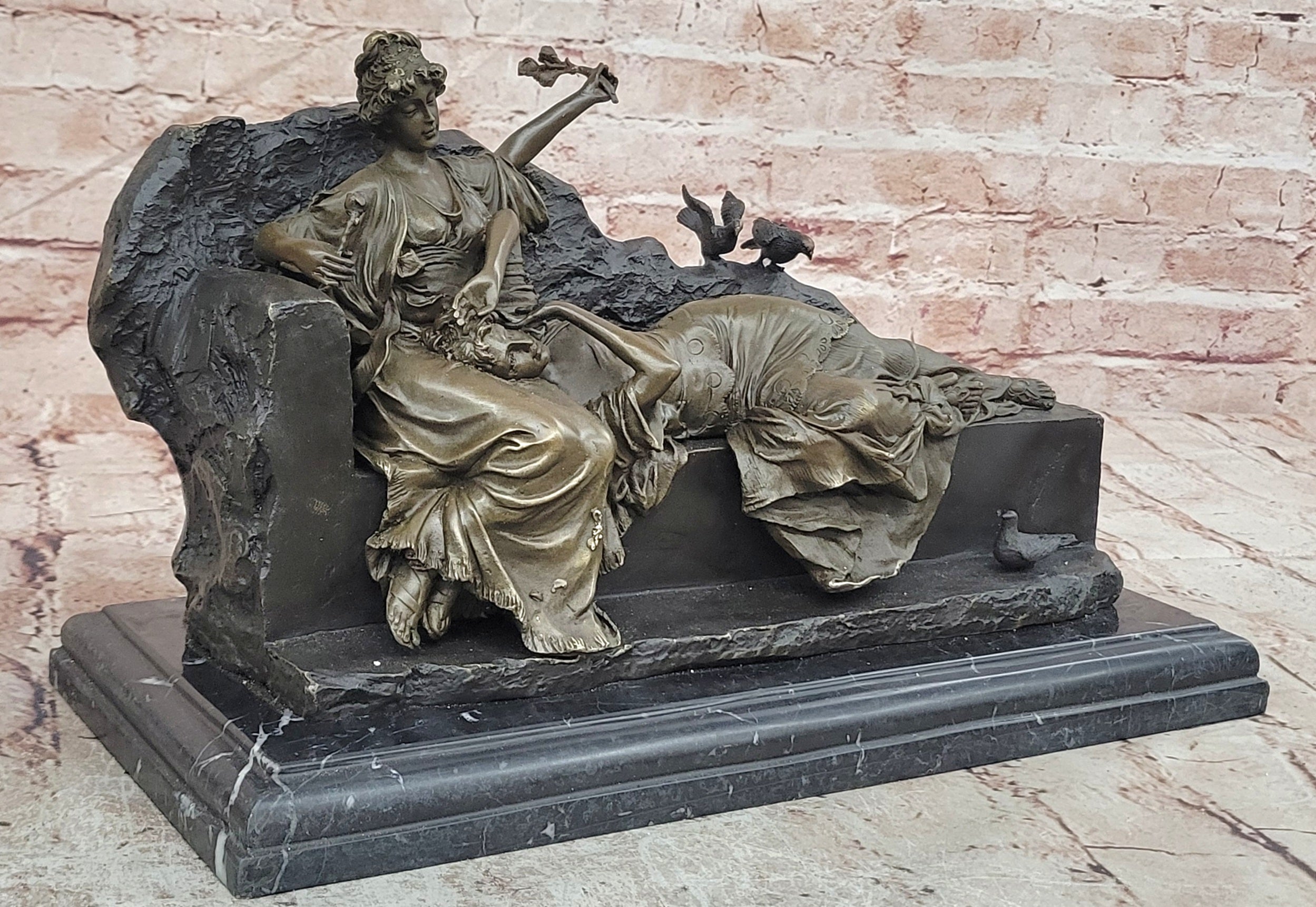 Two Reclining Maidens Bronze Sculpture Signed Fine Art Victorian Style Statue