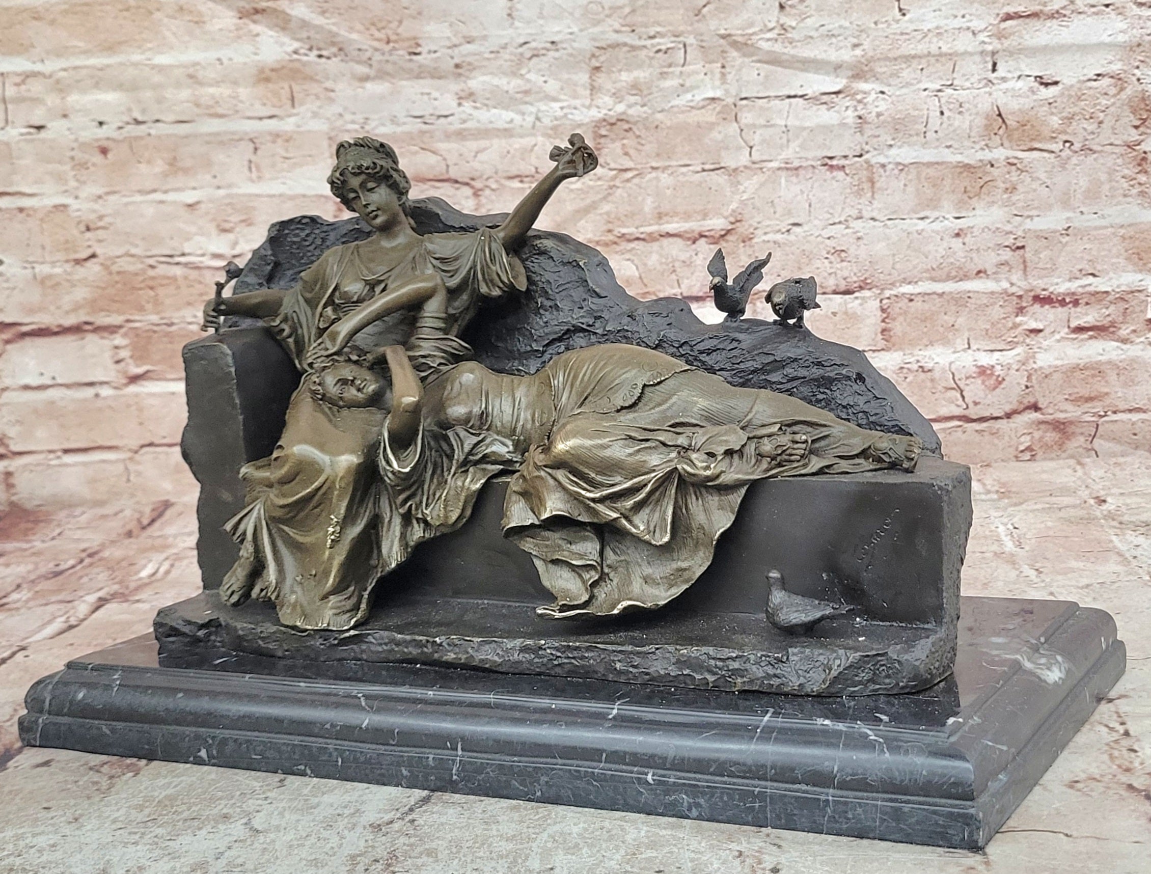 Two Reclining Maidens Bronze Sculpture Signed Fine Art Victorian Style Statue