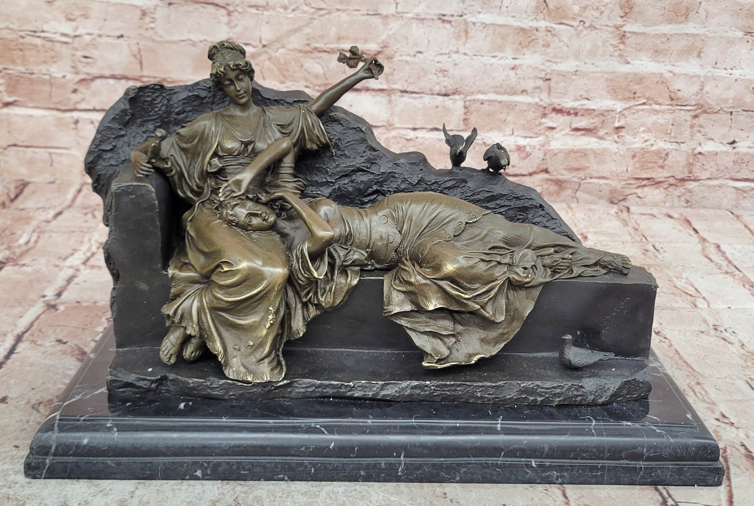 Two Reclining Maidens Bronze Sculpture Signed Fine Art Victorian Style Statue