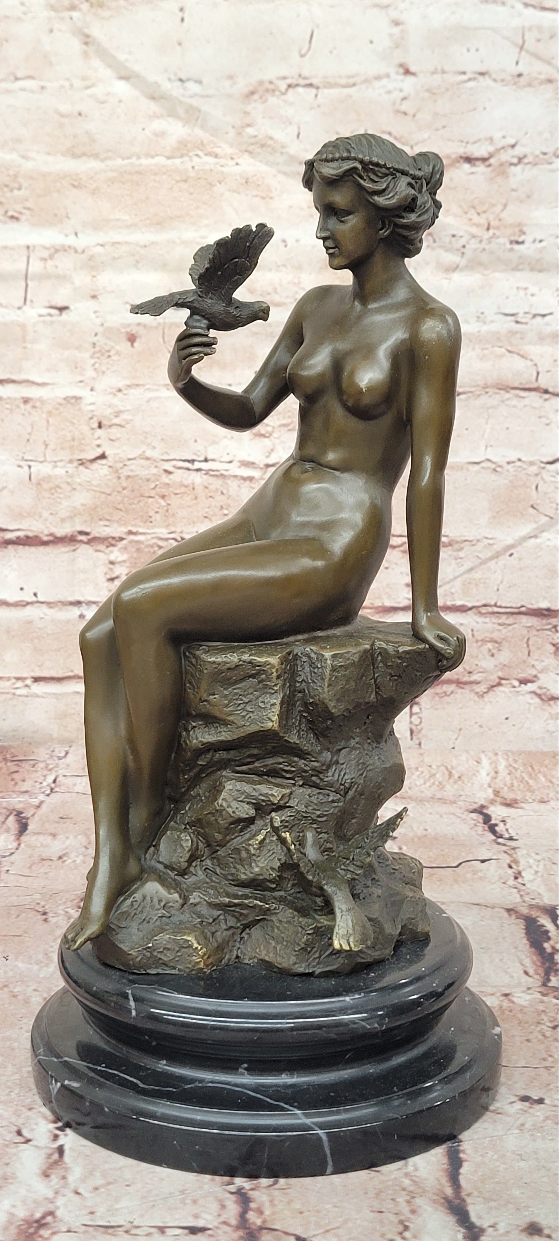 Bronze Seated Lady Sculpture Preiss French Woman with Birds Decorative Art
