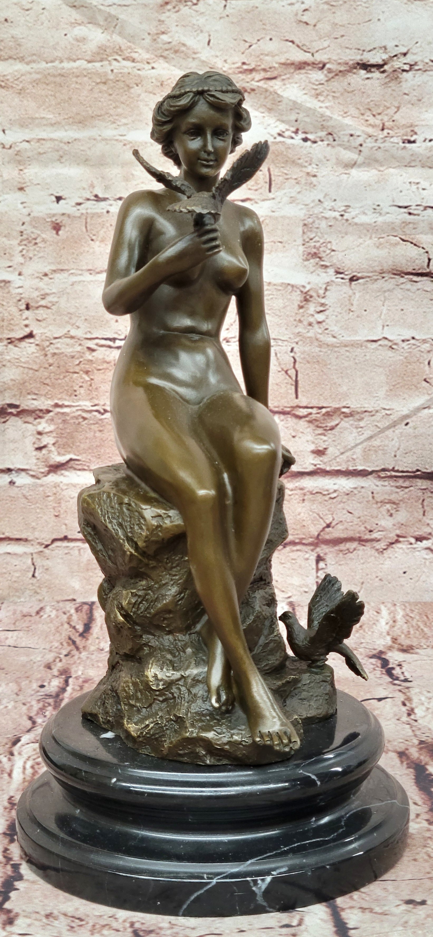Bronze Seated Lady Sculpture Preiss French Woman with Birds Decorative Art