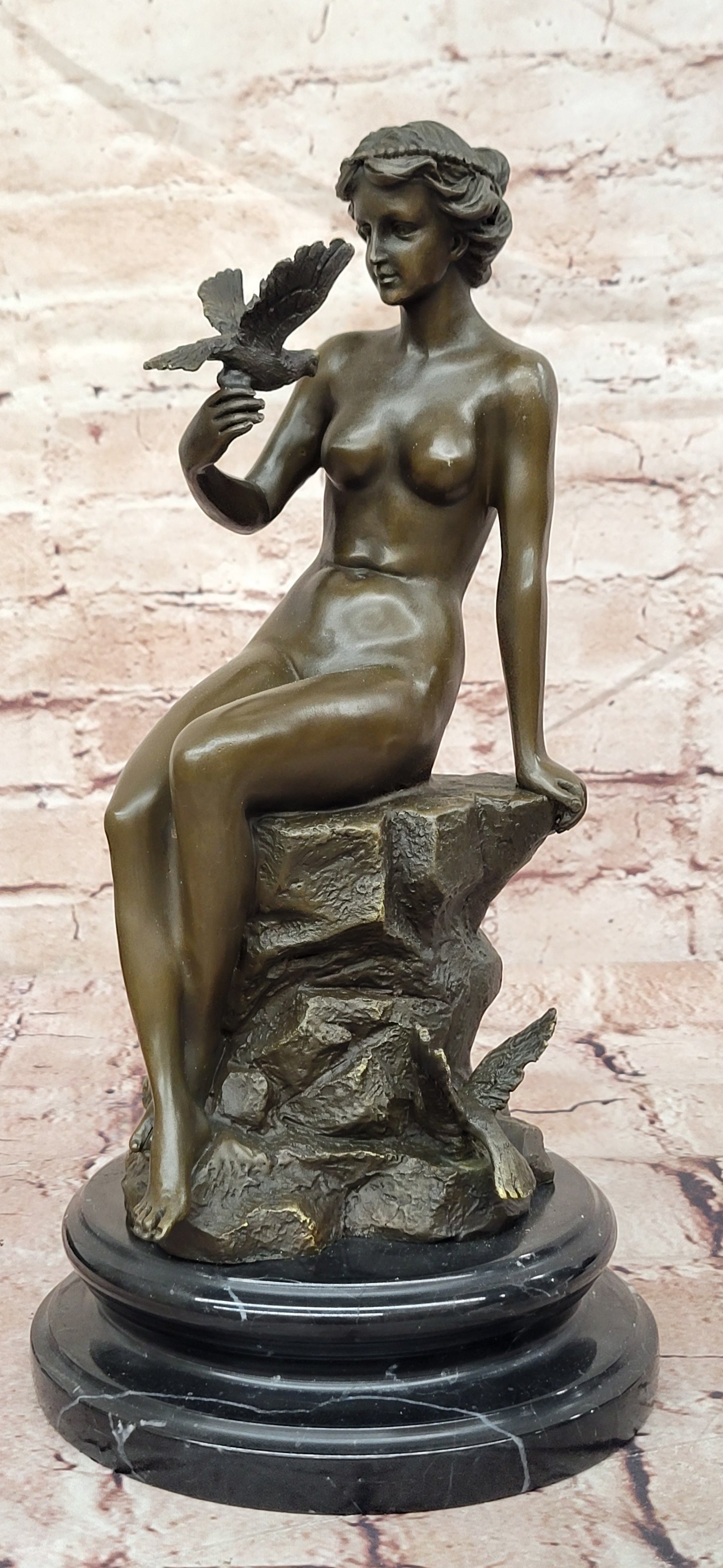 Bronze Seated Lady Sculpture Preiss French Woman with Birds Decorative Art