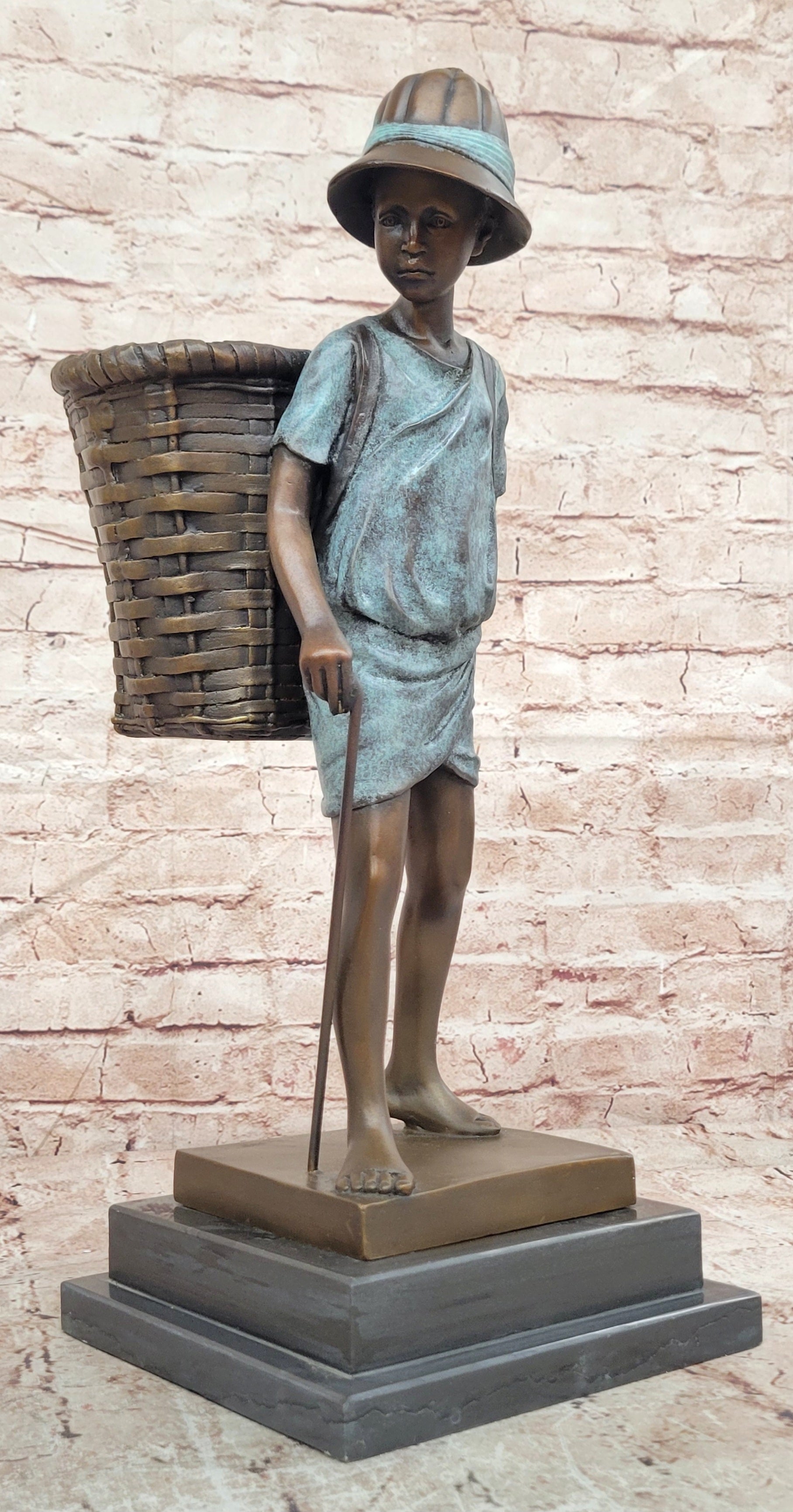 Bronze Farm Boy Sculpture Signed Cesaro Vintage Style Collectible Artwork Statue