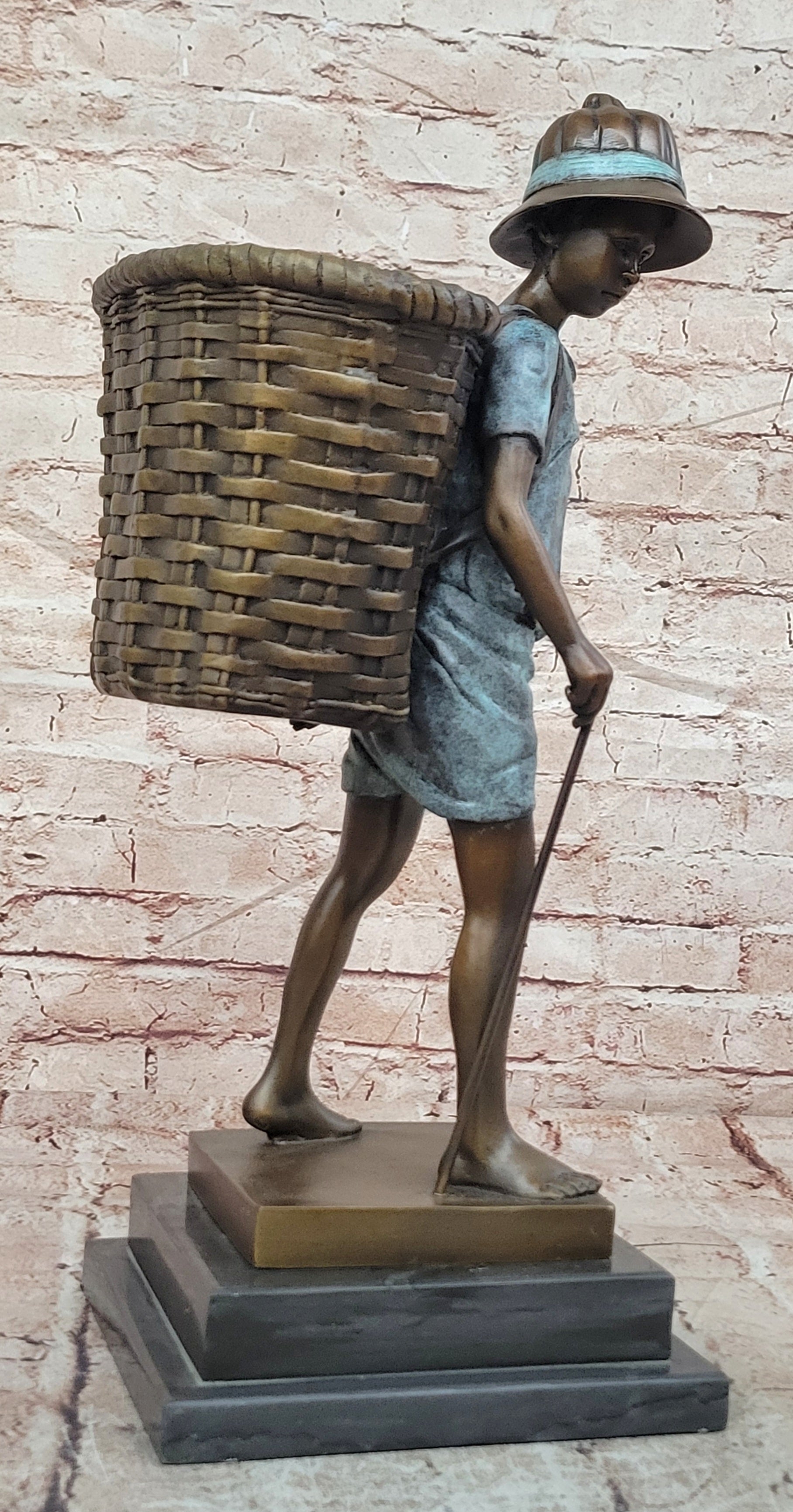 Bronze Farm Boy Sculpture Signed Cesaro Vintage Style Collectible Artwork Statue