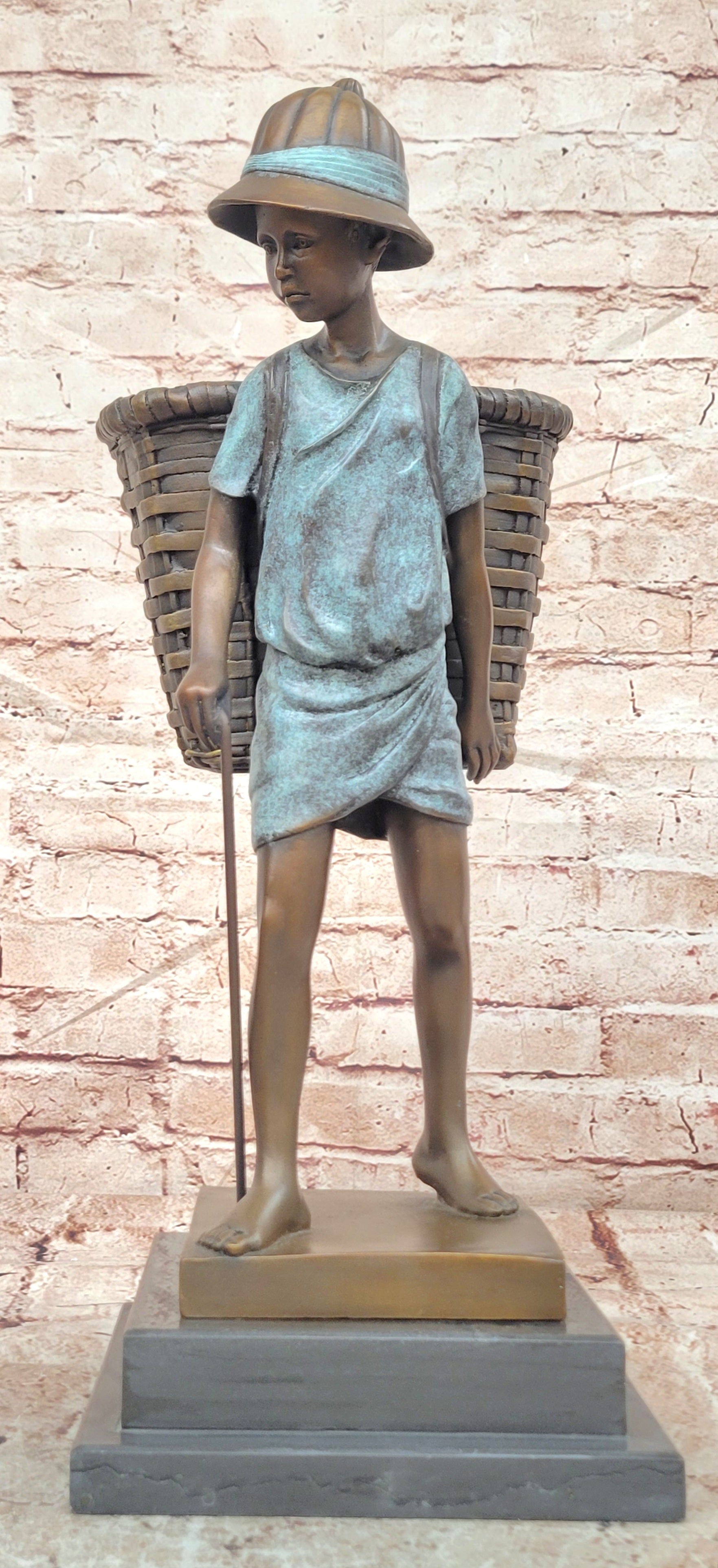 Bronze Farm Boy Sculpture Signed Cesaro Vintage Style Collectible Artwork Statue