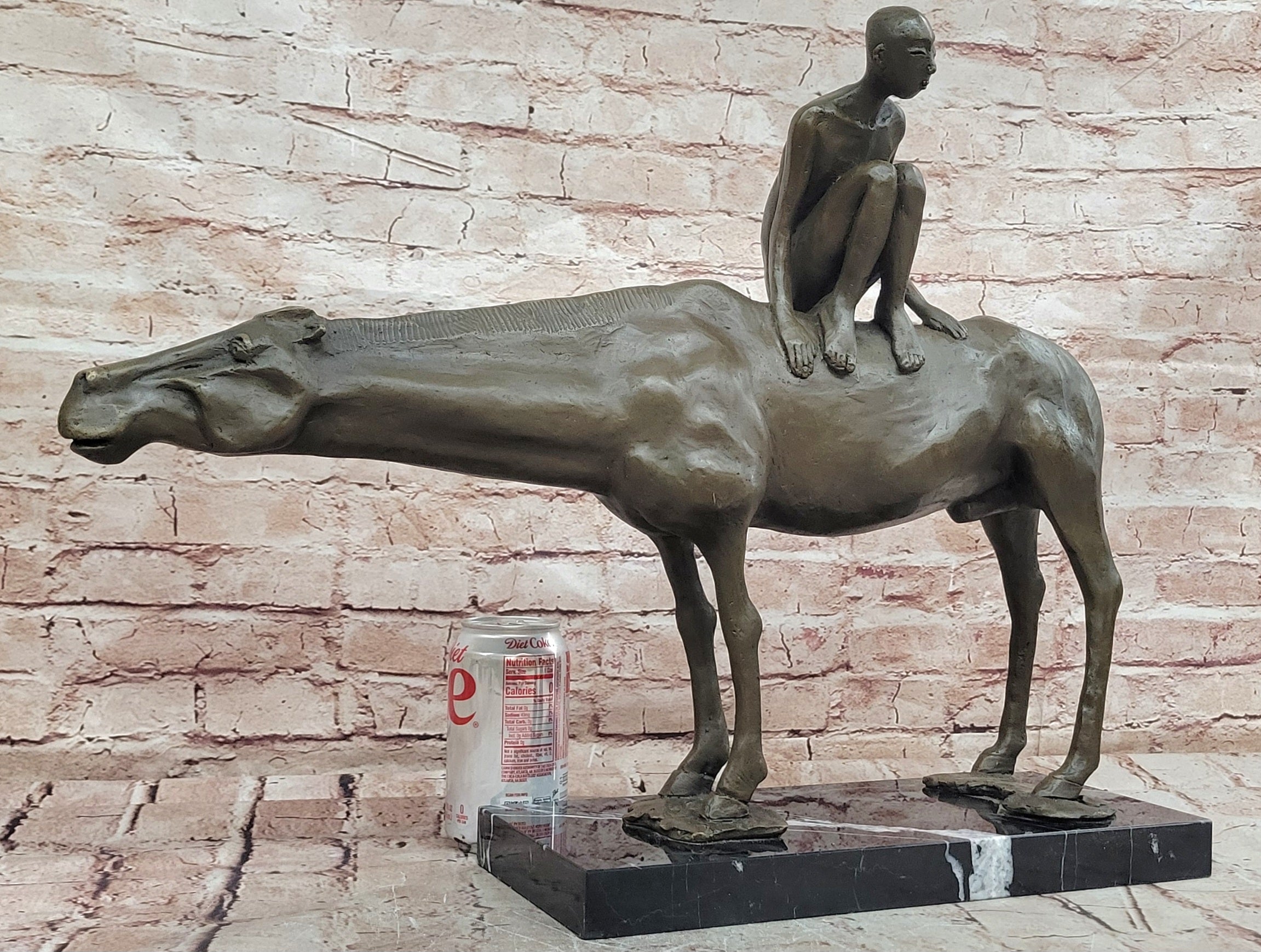 Bronze Boy Horseback Statue Signed Modern Sculpture Figurine Home Decor Art