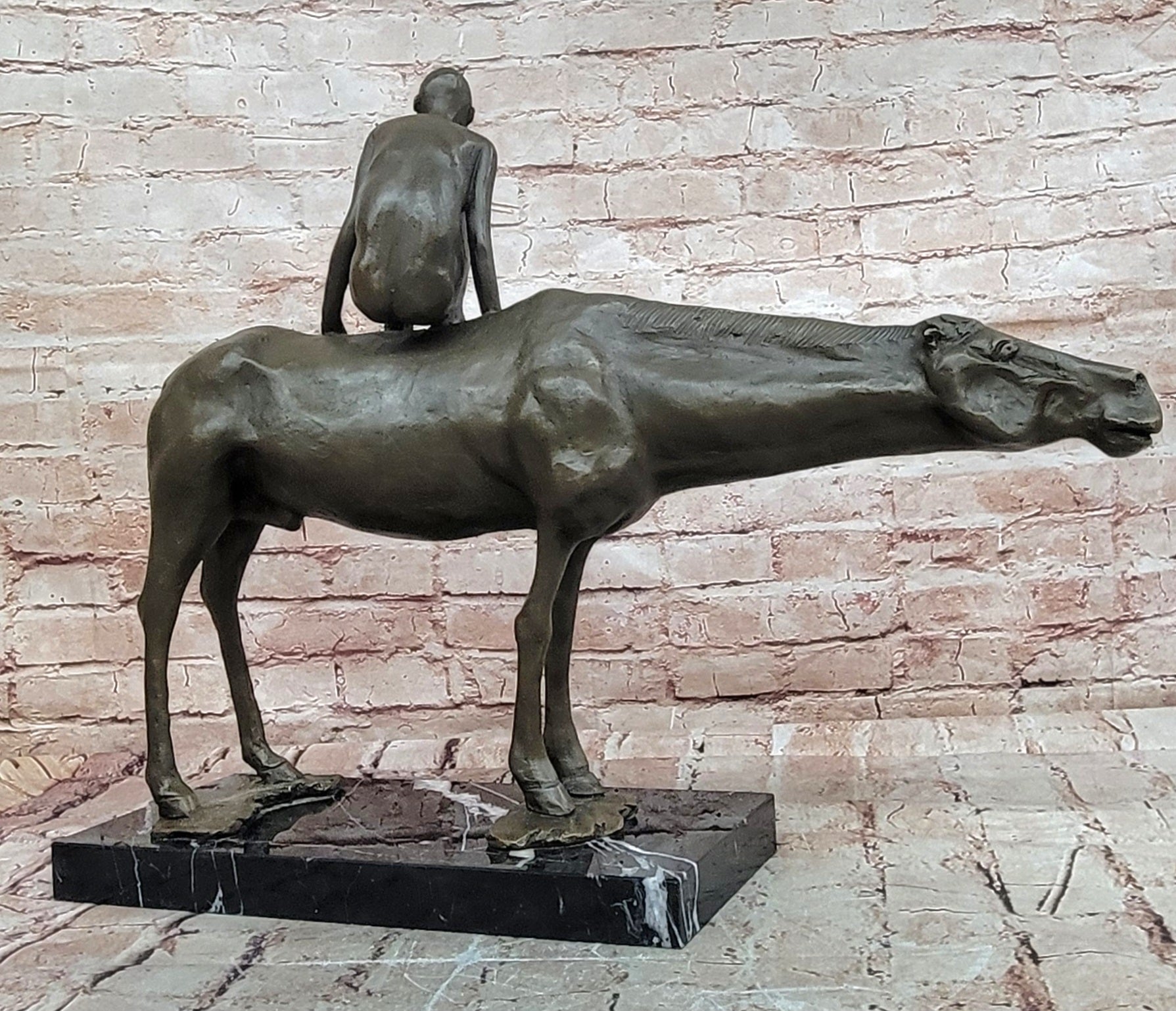 Bronze Boy Horseback Statue Signed Modern Sculpture Figurine Home Decor Art