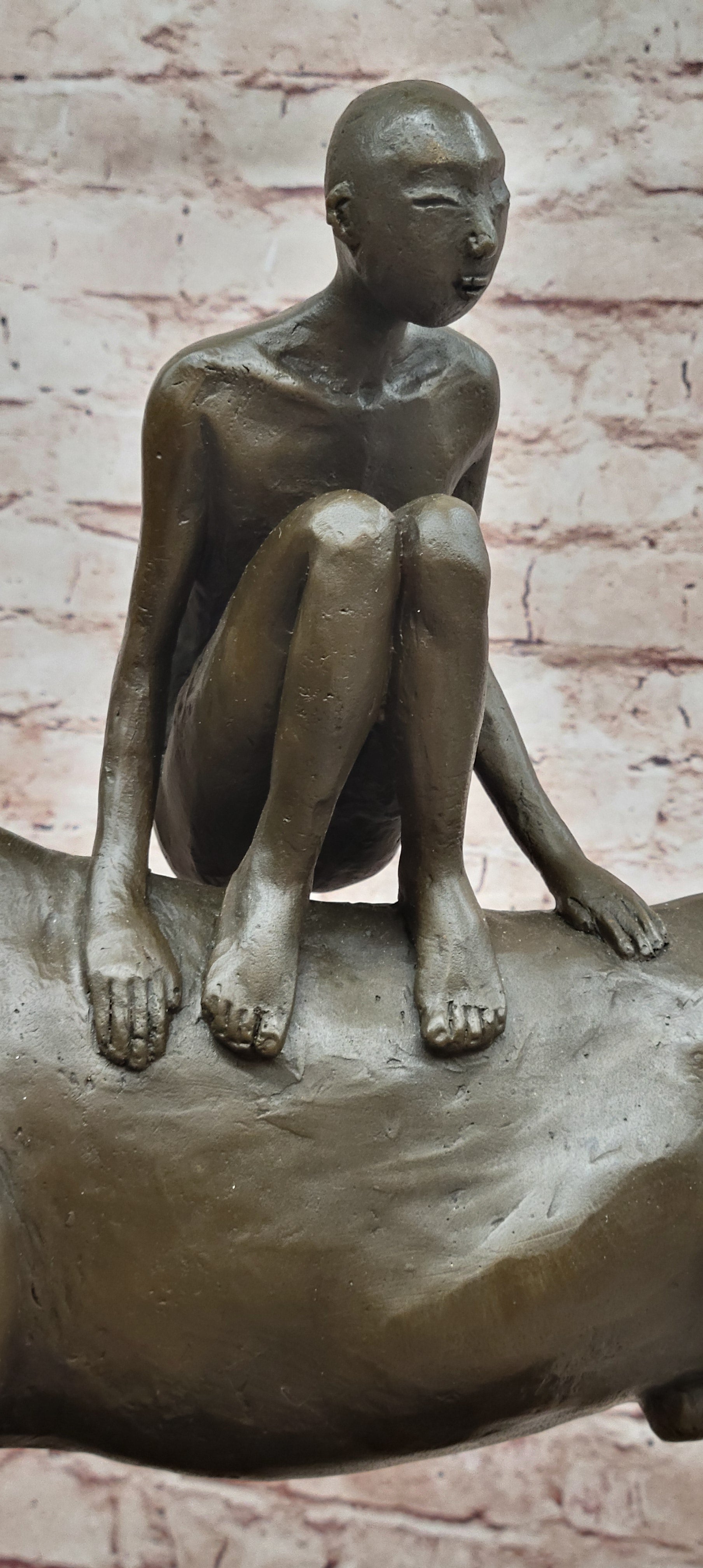 Bronze Boy Horseback Statue Signed Modern Sculpture Figurine Home Decor Art