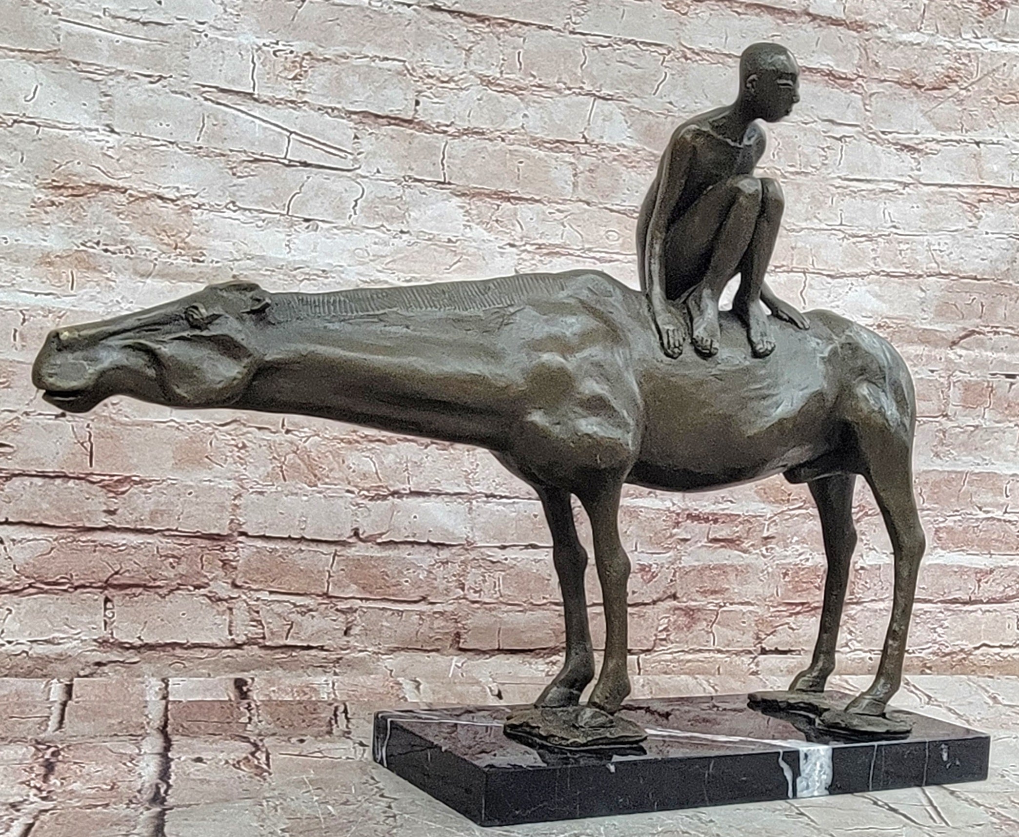 Bronze Boy Horseback Statue Signed Modern Sculpture Figurine Home Decor Art