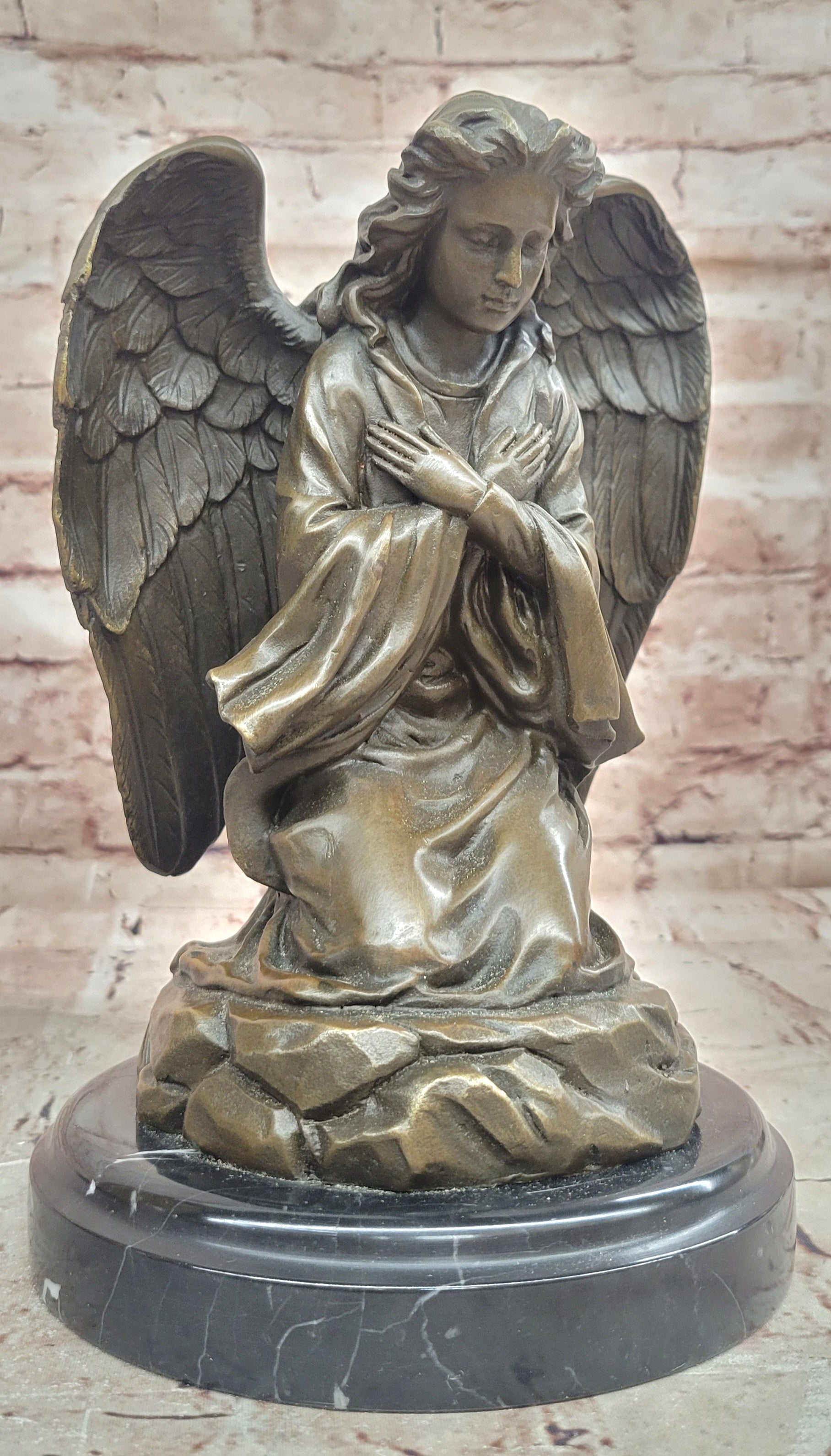 Art Nouveau Praying Angel Bronze Sculpture Signed Milo Memorial Figurine