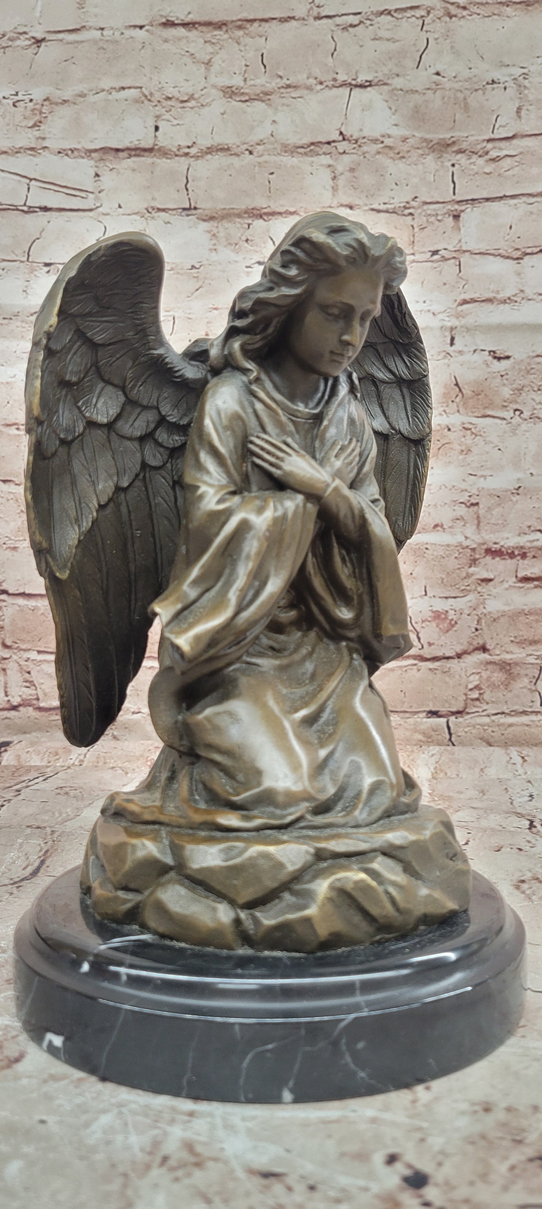 Art Nouveau Praying Angel Bronze Sculpture Signed Milo Memorial Figurine