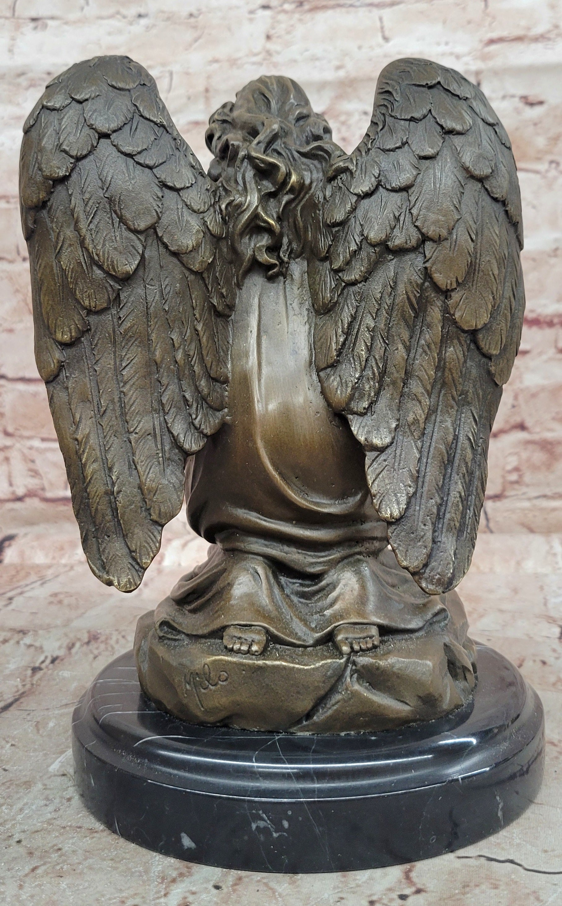 Art Nouveau Praying Angel Bronze Sculpture Signed Milo Memorial Figurine