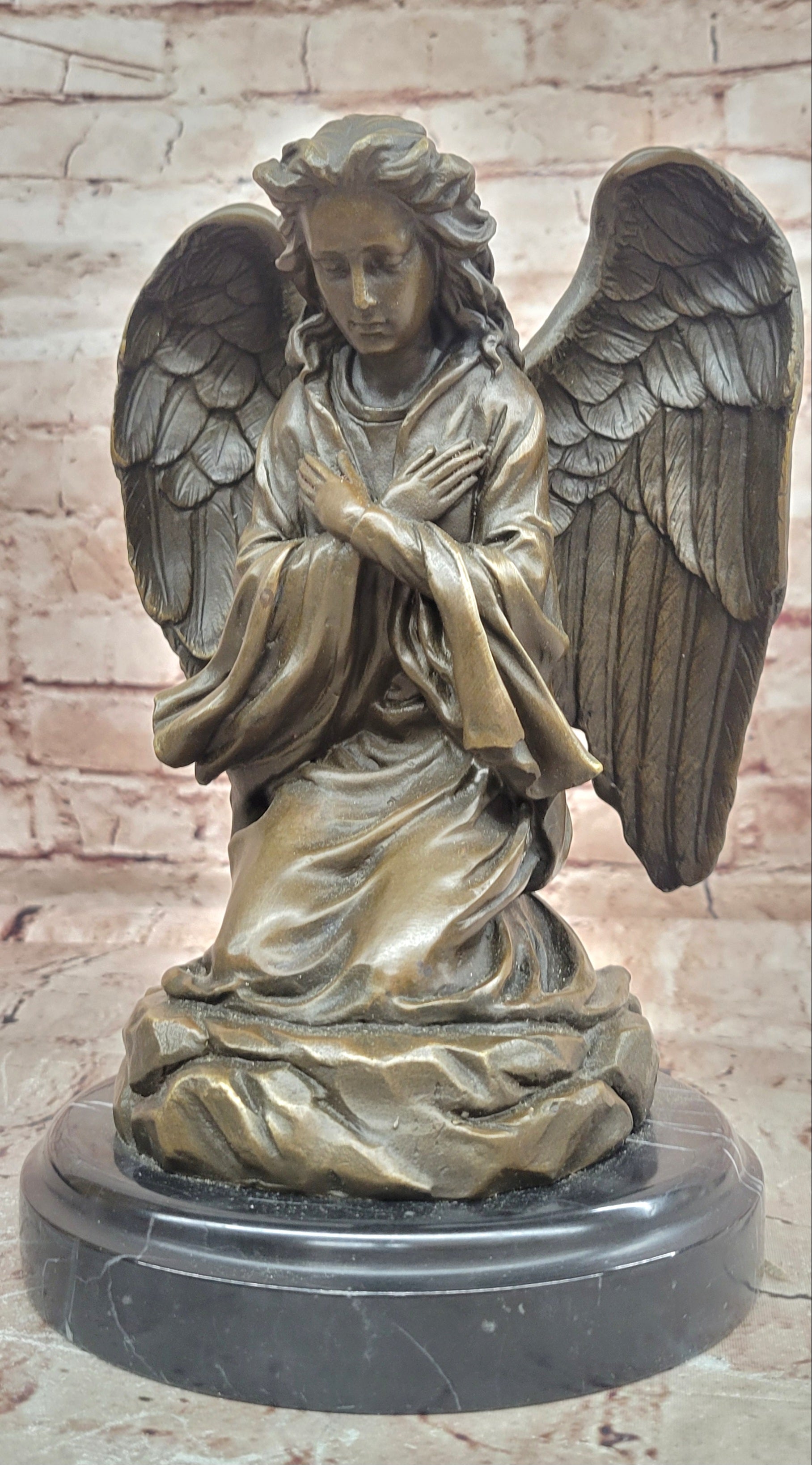 Art Nouveau Praying Angel Bronze Sculpture Signed Milo Memorial Figurine