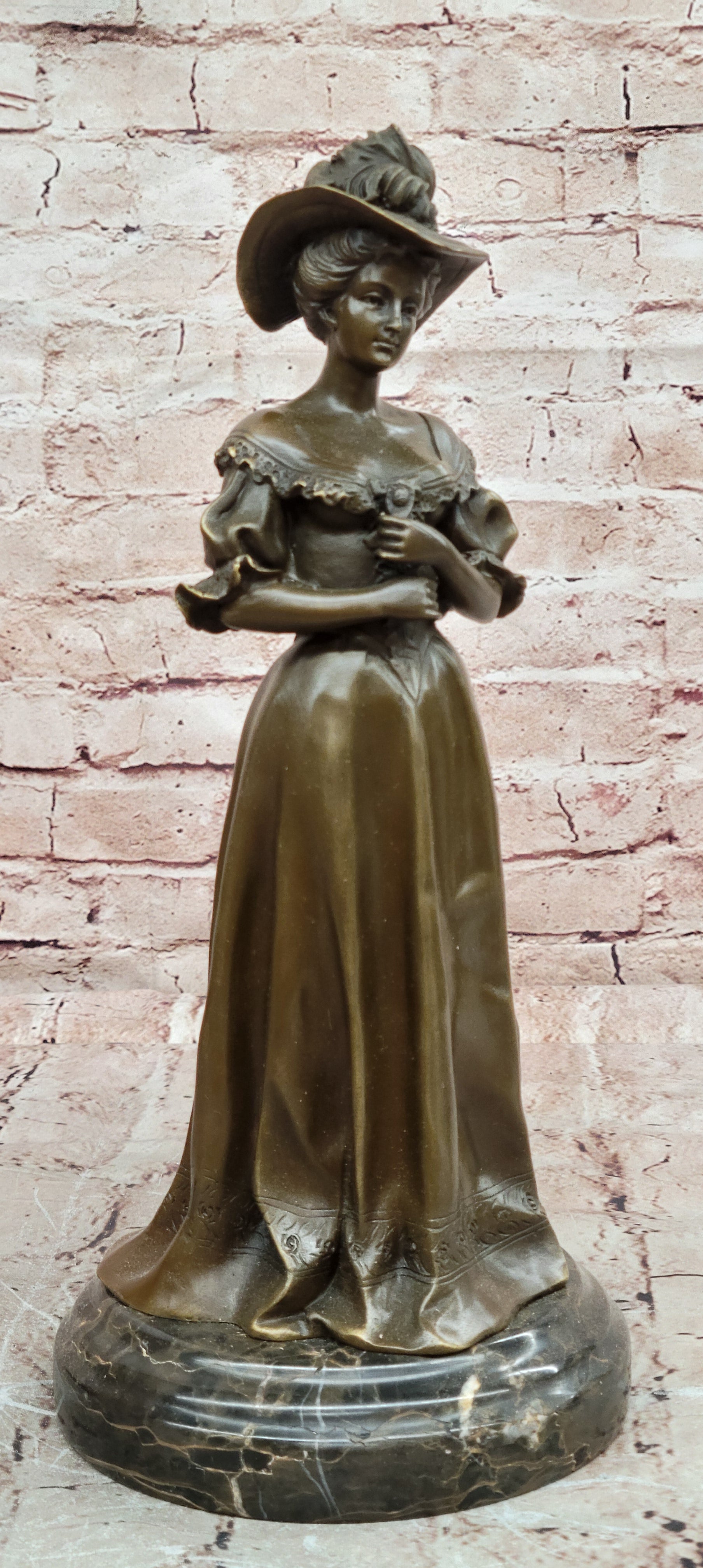 Elegant Victorian Lady Woman In Hat Bronze Sculpture Home Decoration
