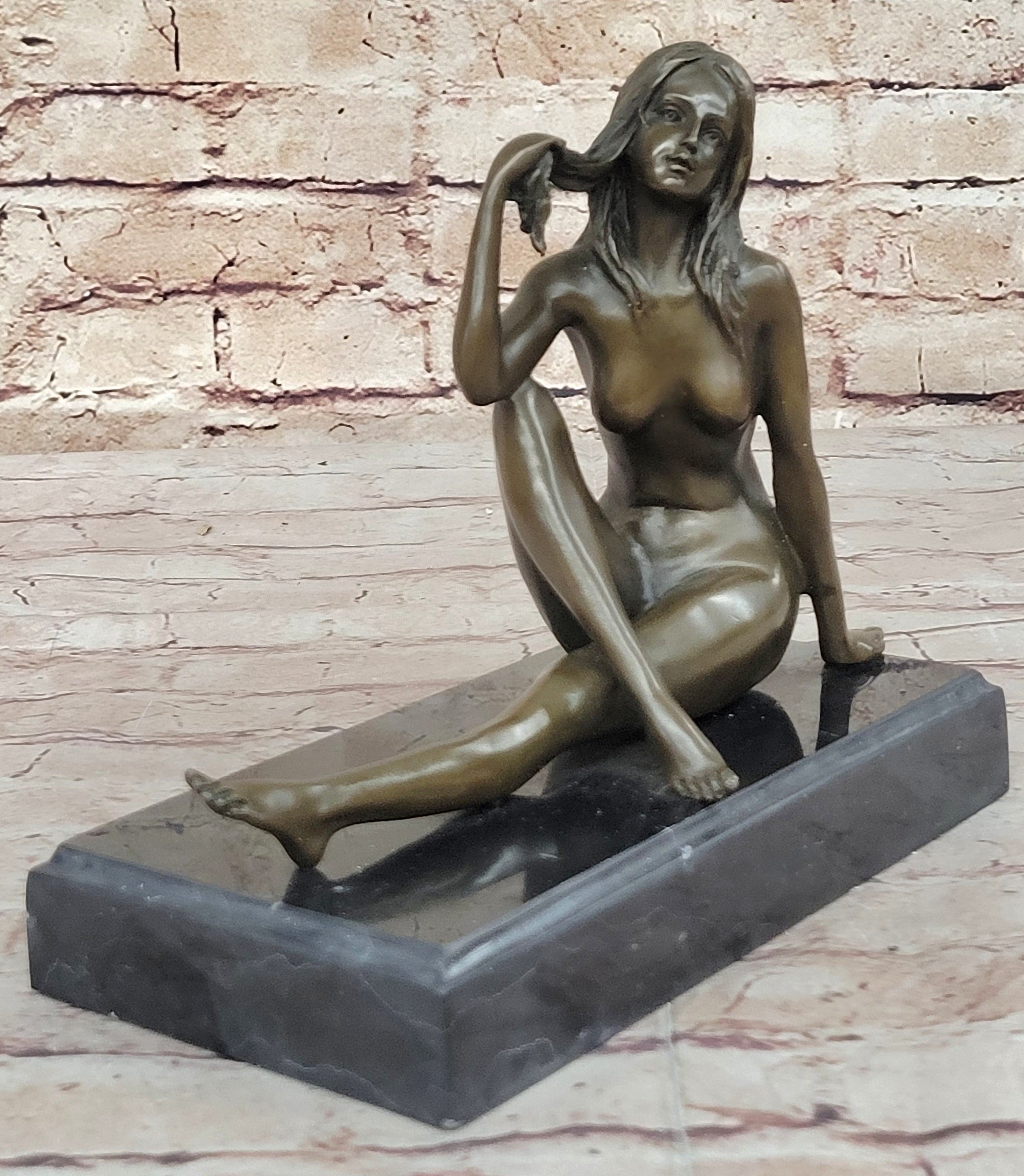 Art Deco Nude Temptress Bronze Sculpture Hot Cast Marble Base Figurine Figure