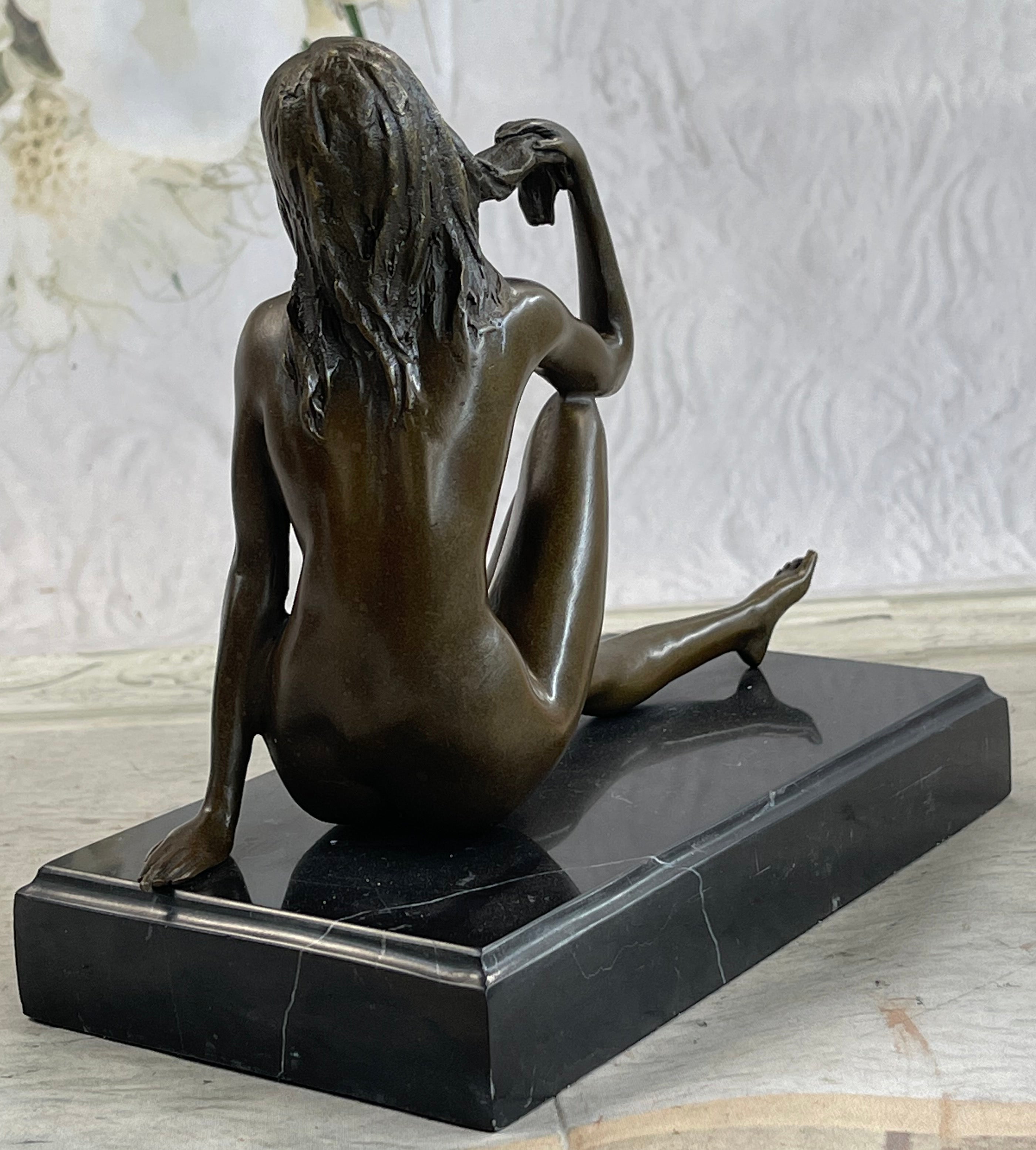 Art Deco Nude Temptress Bronze Sculpture Hot Cast Marble Base Figurine Figure