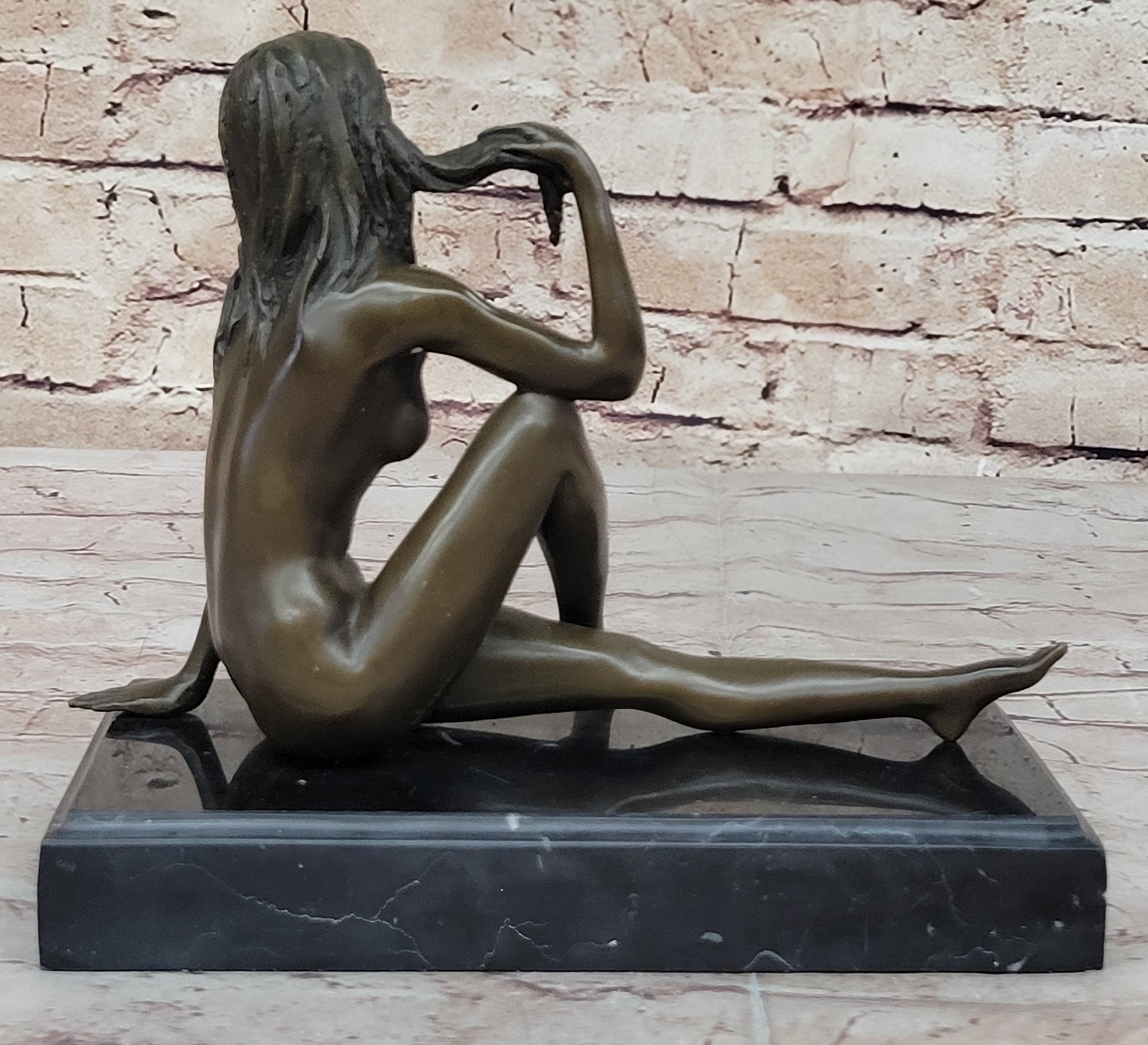 Art Deco Nude Temptress Bronze Sculpture Hot Cast Marble Base Figurine Figure