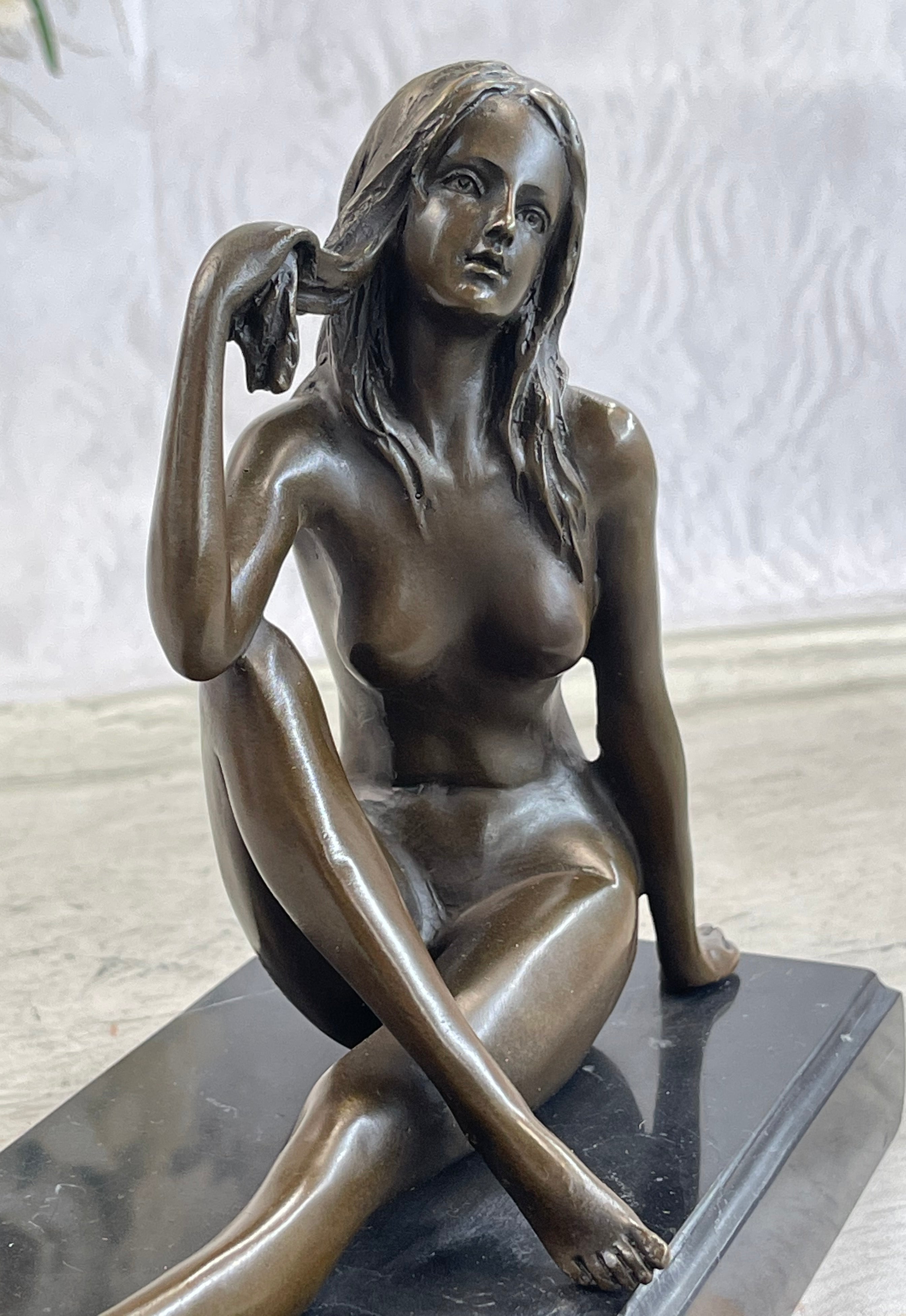 Art Deco Nude Temptress Bronze Sculpture Hot Cast Marble Base Figurine Figure
