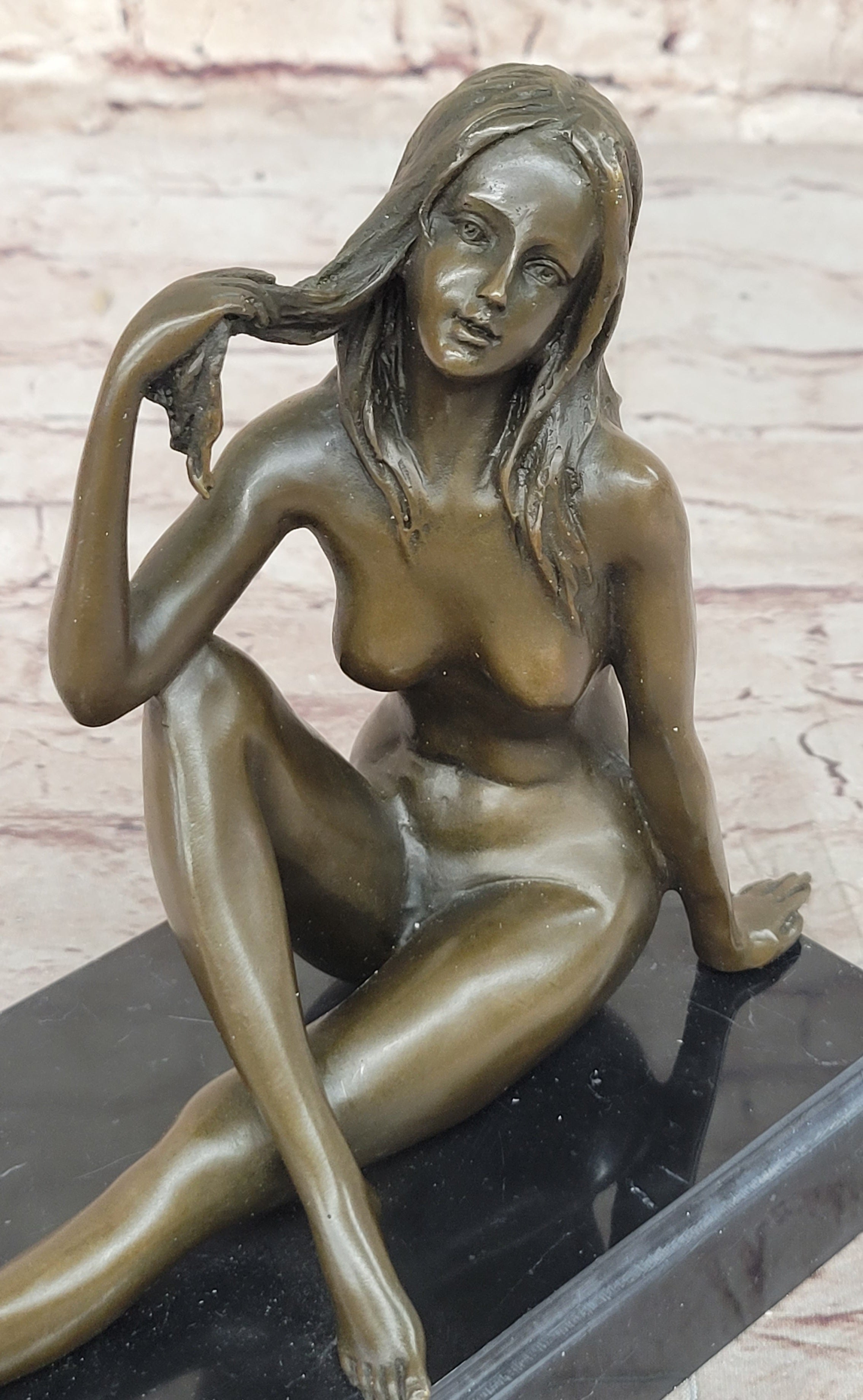 Art Deco Nude Temptress Bronze Sculpture Hot Cast Marble Base Figurine Figure