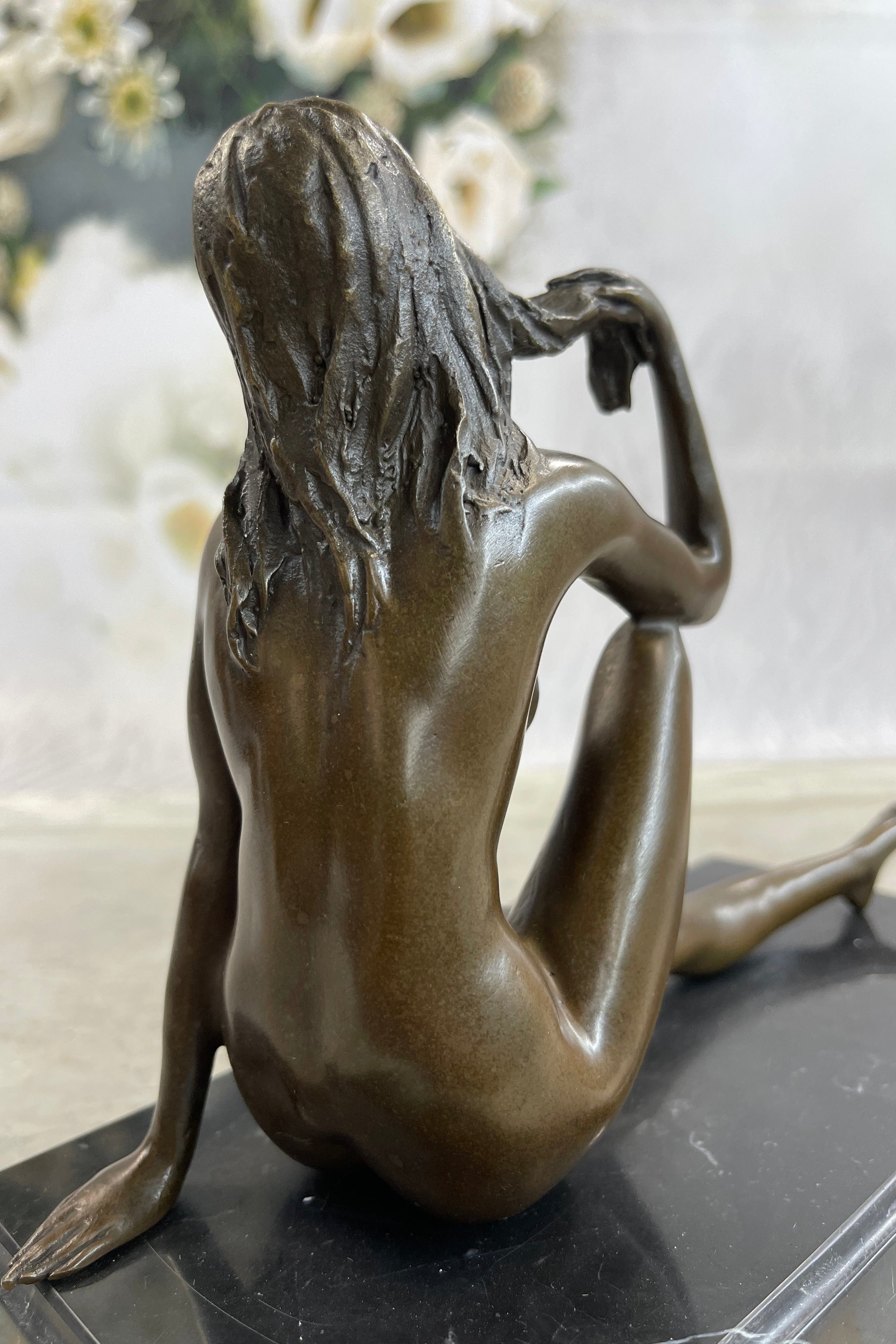 Art Deco Nude Temptress Bronze Sculpture Hot Cast Marble Base Figurine Figure