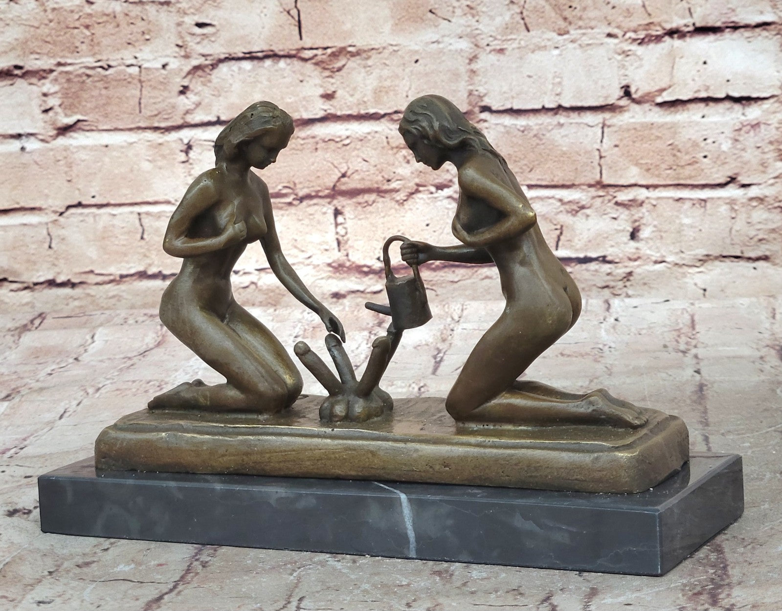 Provocative Bronze Artwork: Sensuous Nude Girl Tending to Growing Erotic Plant Statue