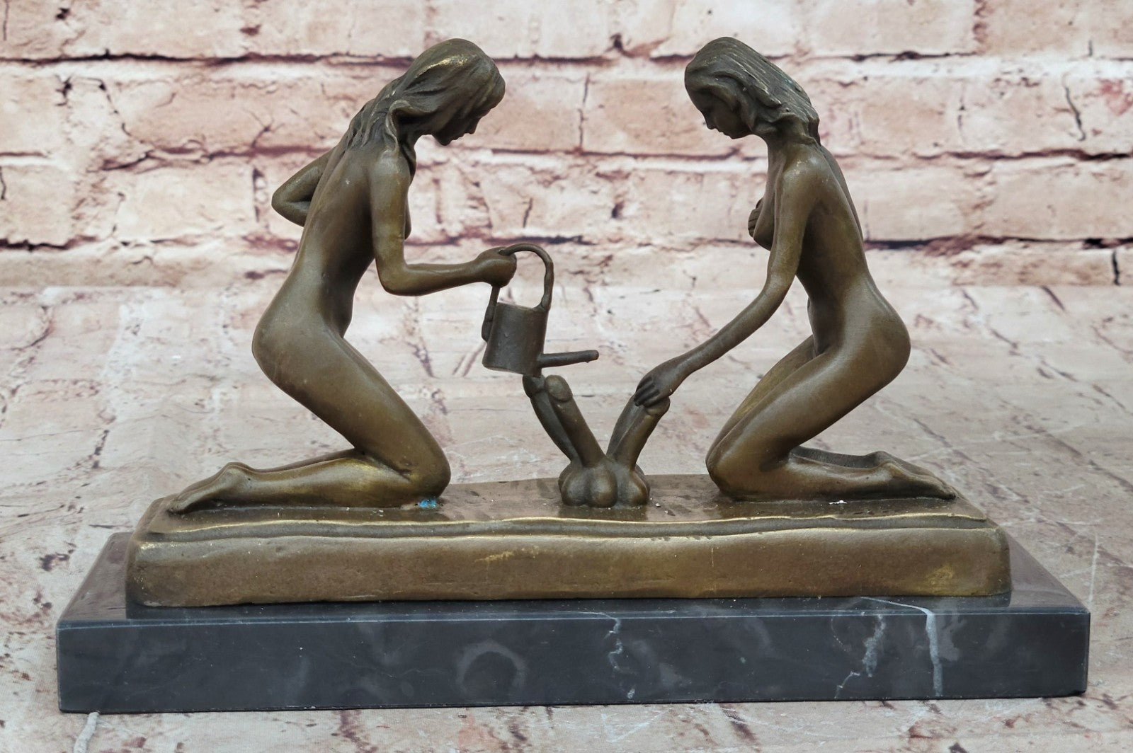 Provocative Bronze Artwork: Sensuous Nude Girl Tending to Growing Erotic Plant Statue