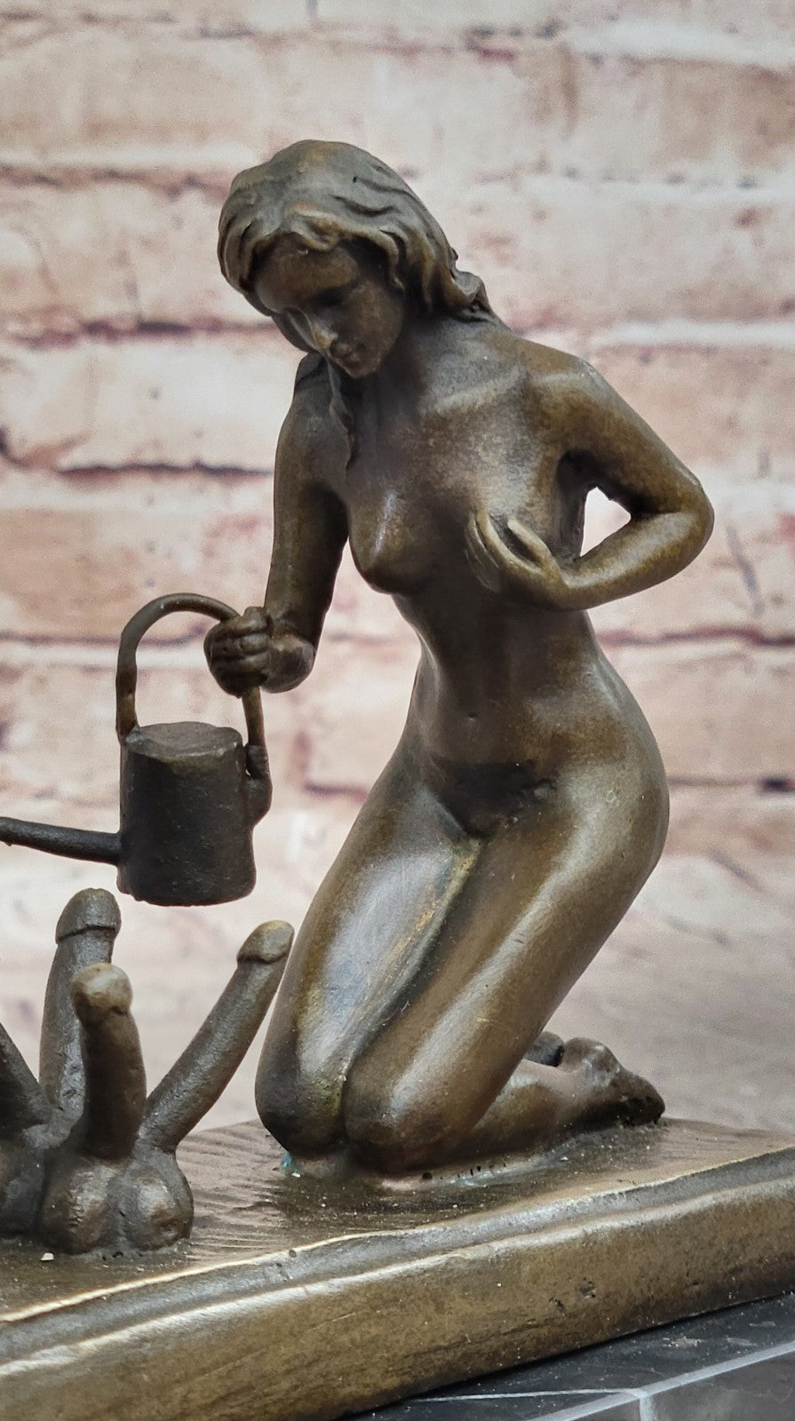Provocative Bronze Artwork: Sensuous Nude Girl Tending to Growing Erotic Plant Statue