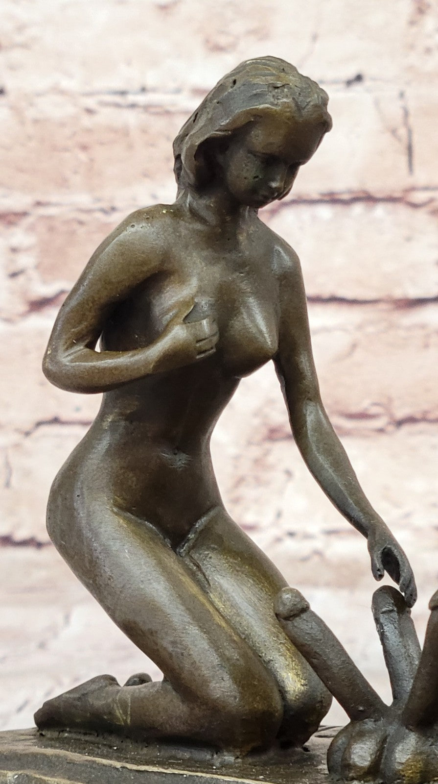 Provocative Bronze Artwork: Sensuous Nude Girl Tending to Growing Erotic Plant Statue