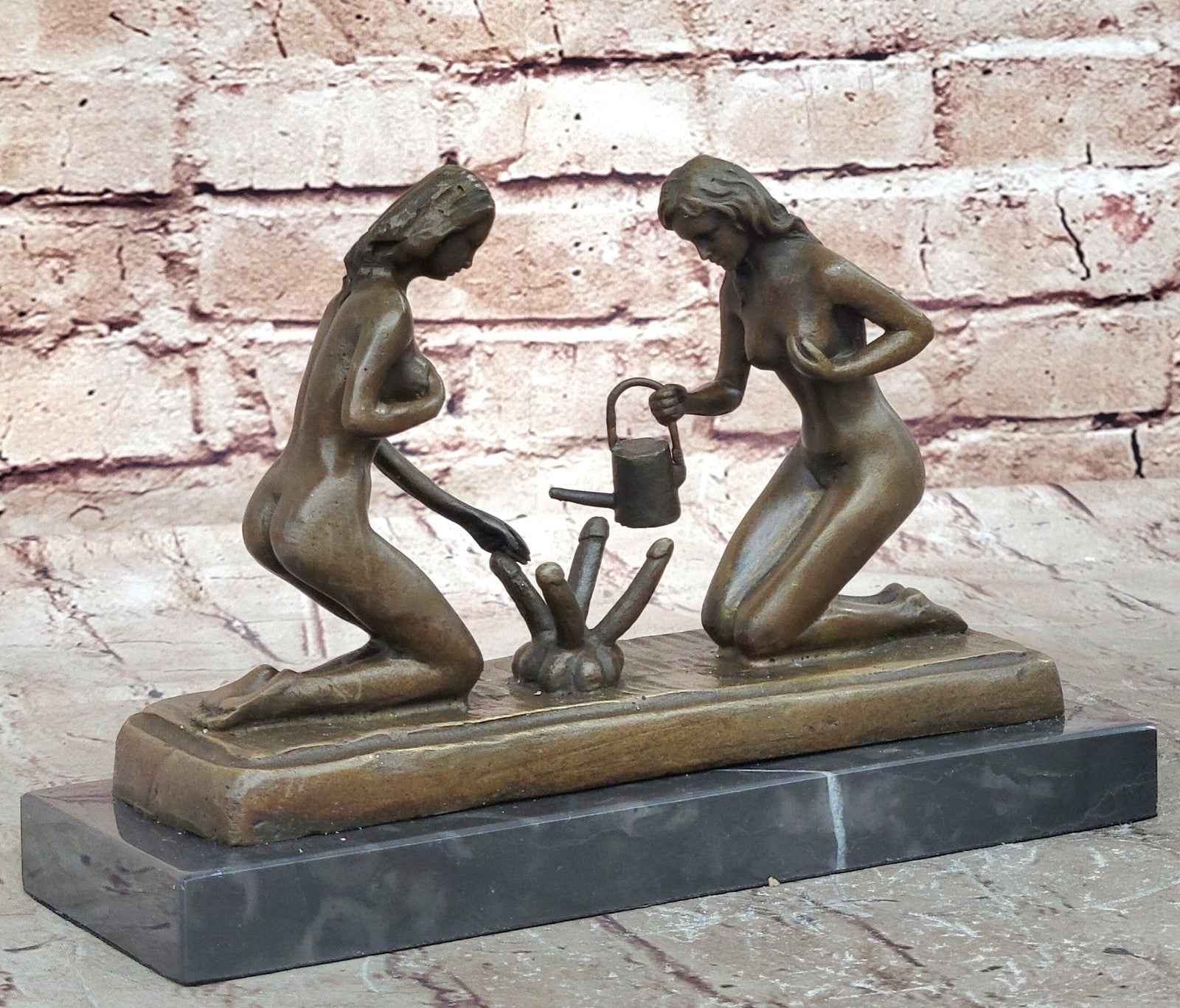 Provocative Bronze Artwork: Sensuous Nude Girl Tending to Growing Erotic Plant Statue