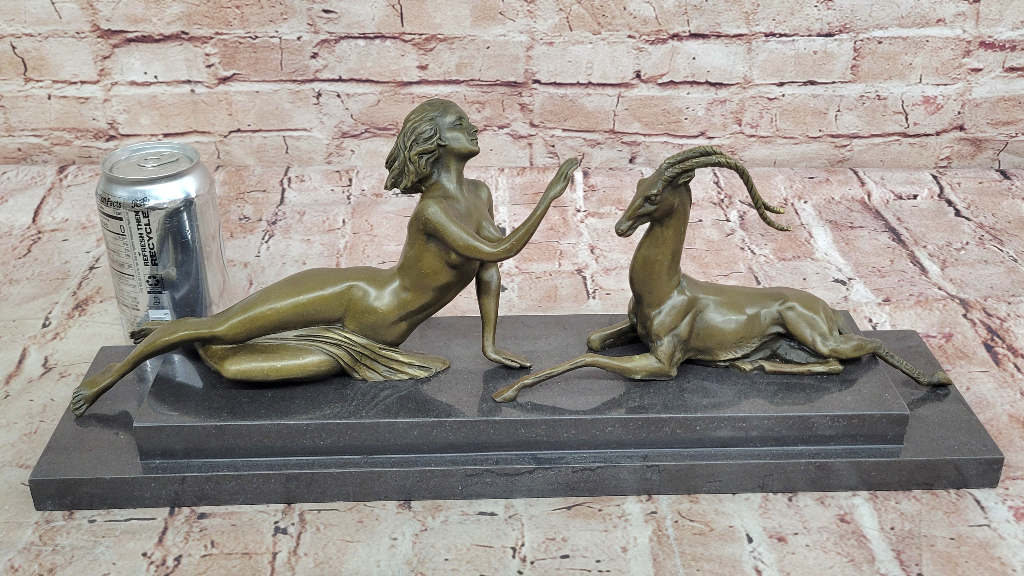 Bronze Sculpture Nude Girl w Goat Animal Lovers Classic Artwork by Vitaleh Aldo