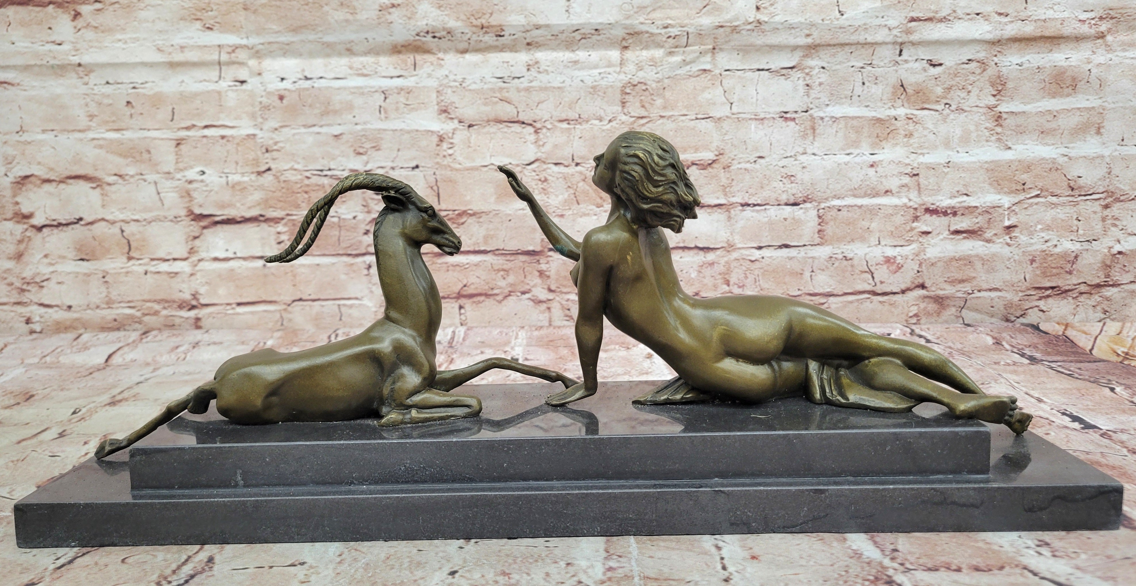 Bronze Sculpture Nude Girl w Goat Animal Lovers Classic Artwork by Vitaleh Aldo