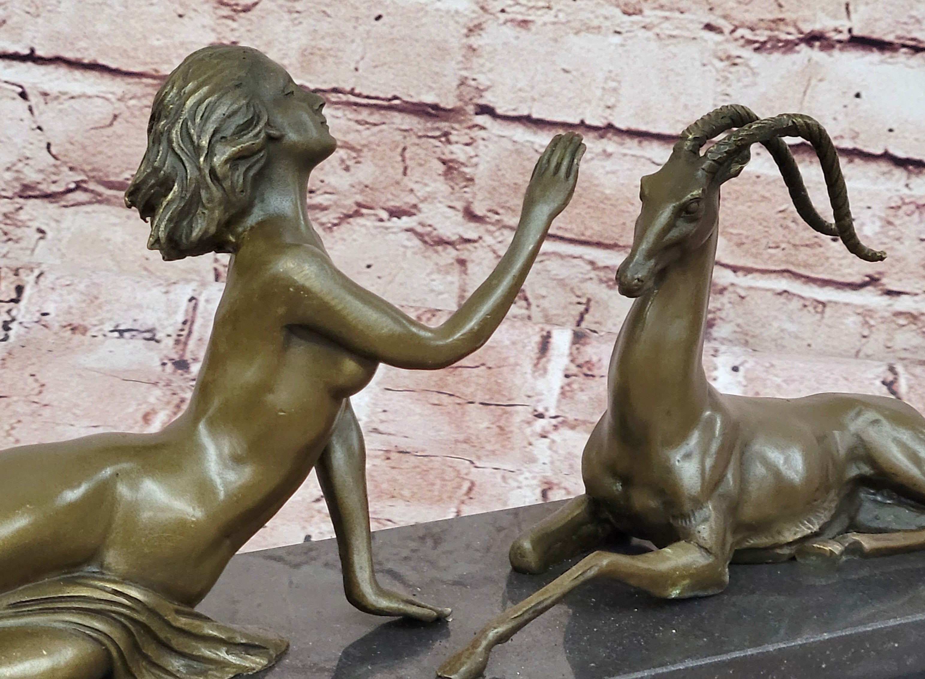 Bronze Sculpture Nude Girl w Goat Animal Lovers Classic Artwork by Vitaleh Aldo