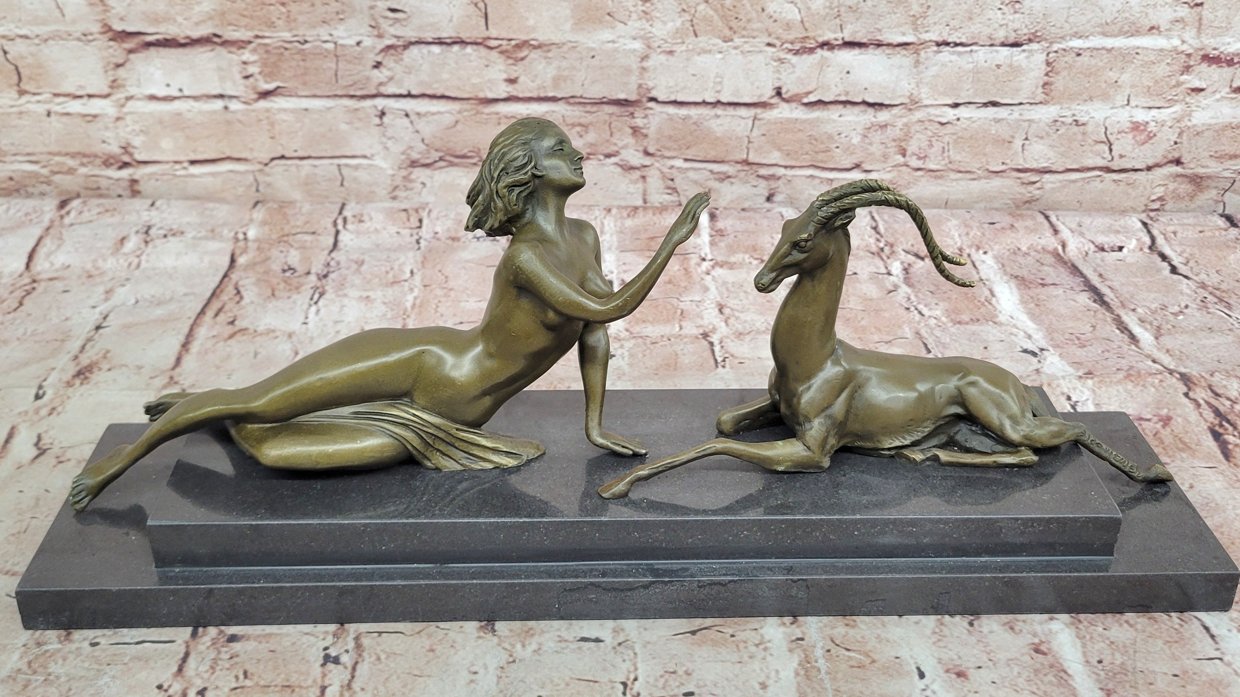 Bronze Sculpture Nude Girl w Goat Animal Lovers Classic Artwork by Vitaleh Aldo