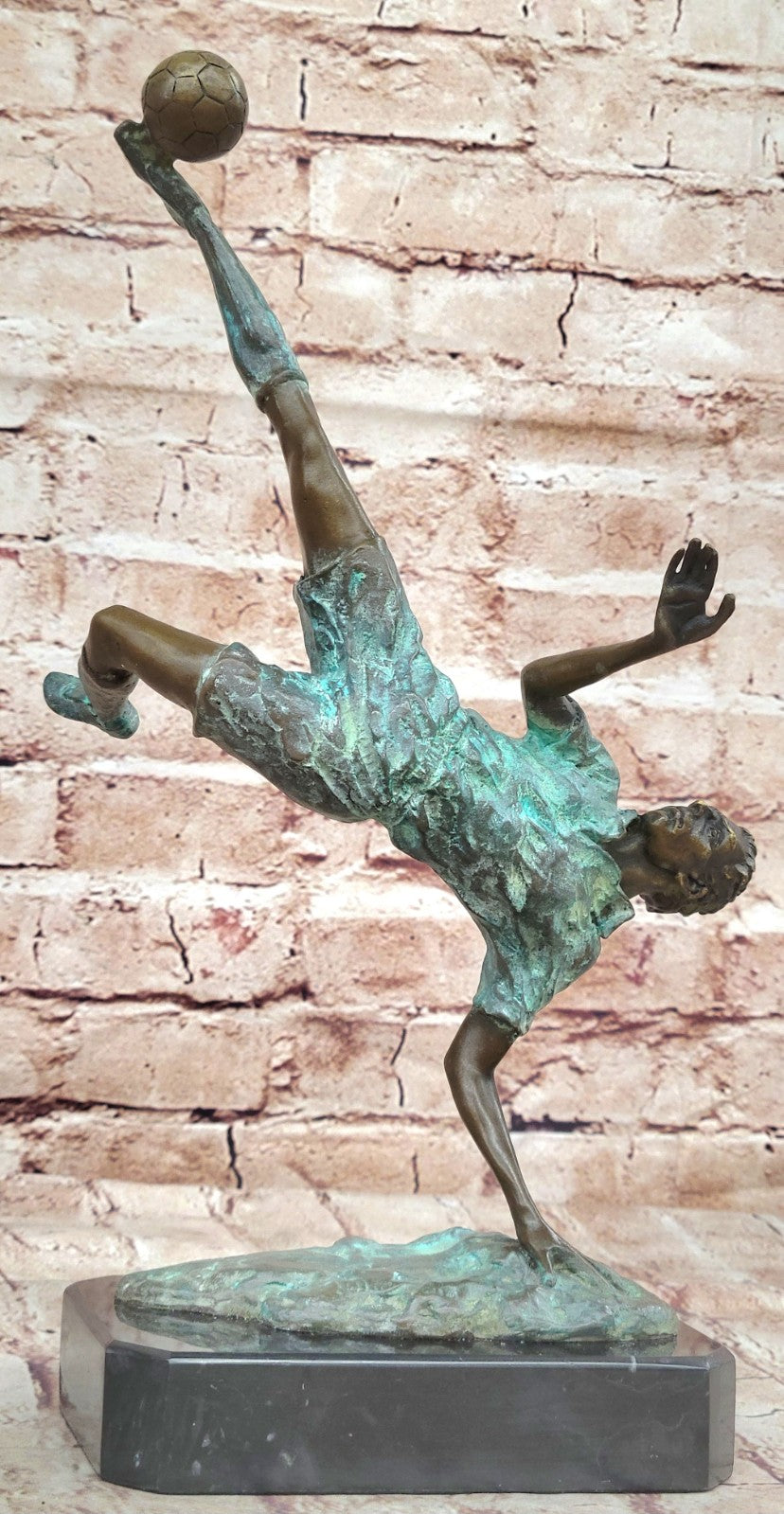 Dynamic Bronze Sculpture of Soccer Player Scoring Goal by Milo Action Artwork