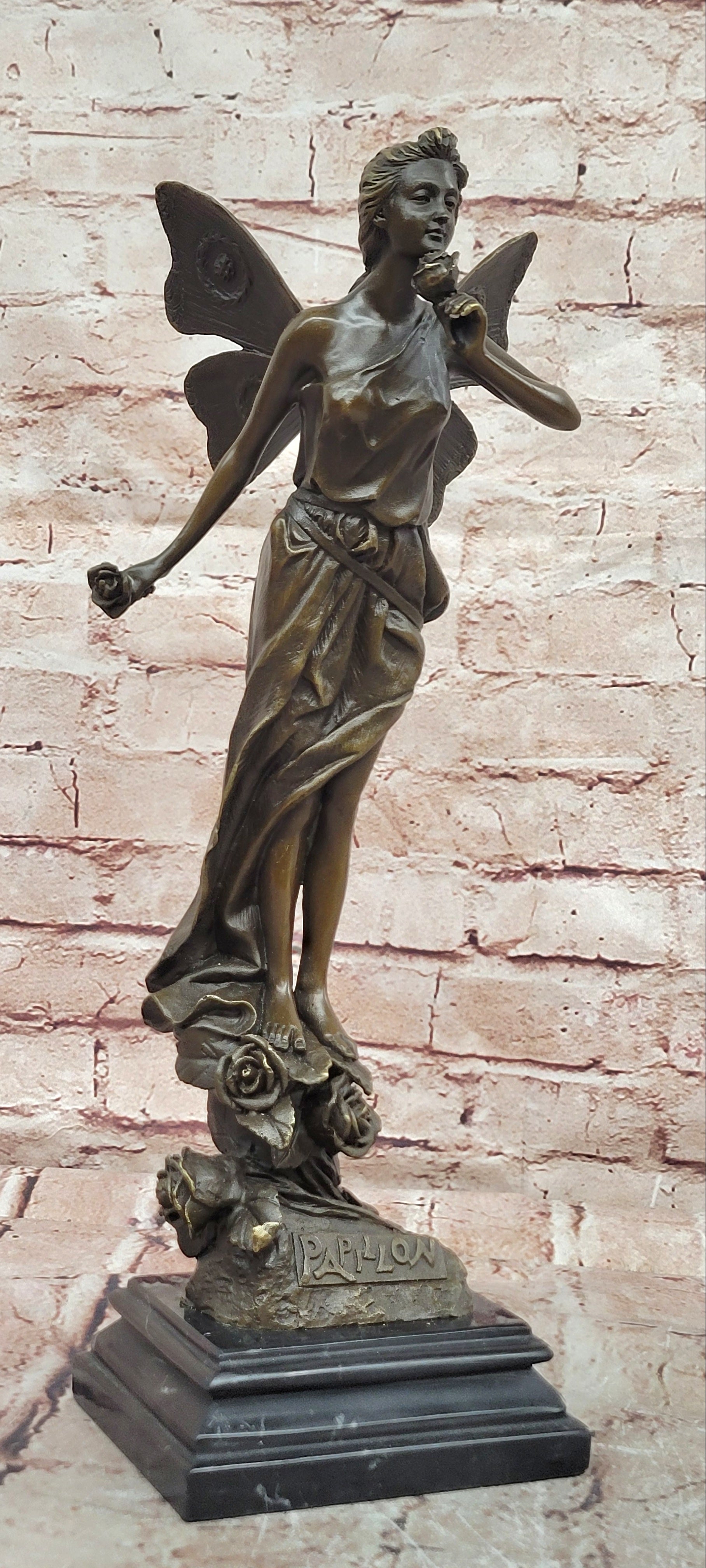 Signed Bronze Fairy with Flower Figurine Romantic Fine Art Display Piece