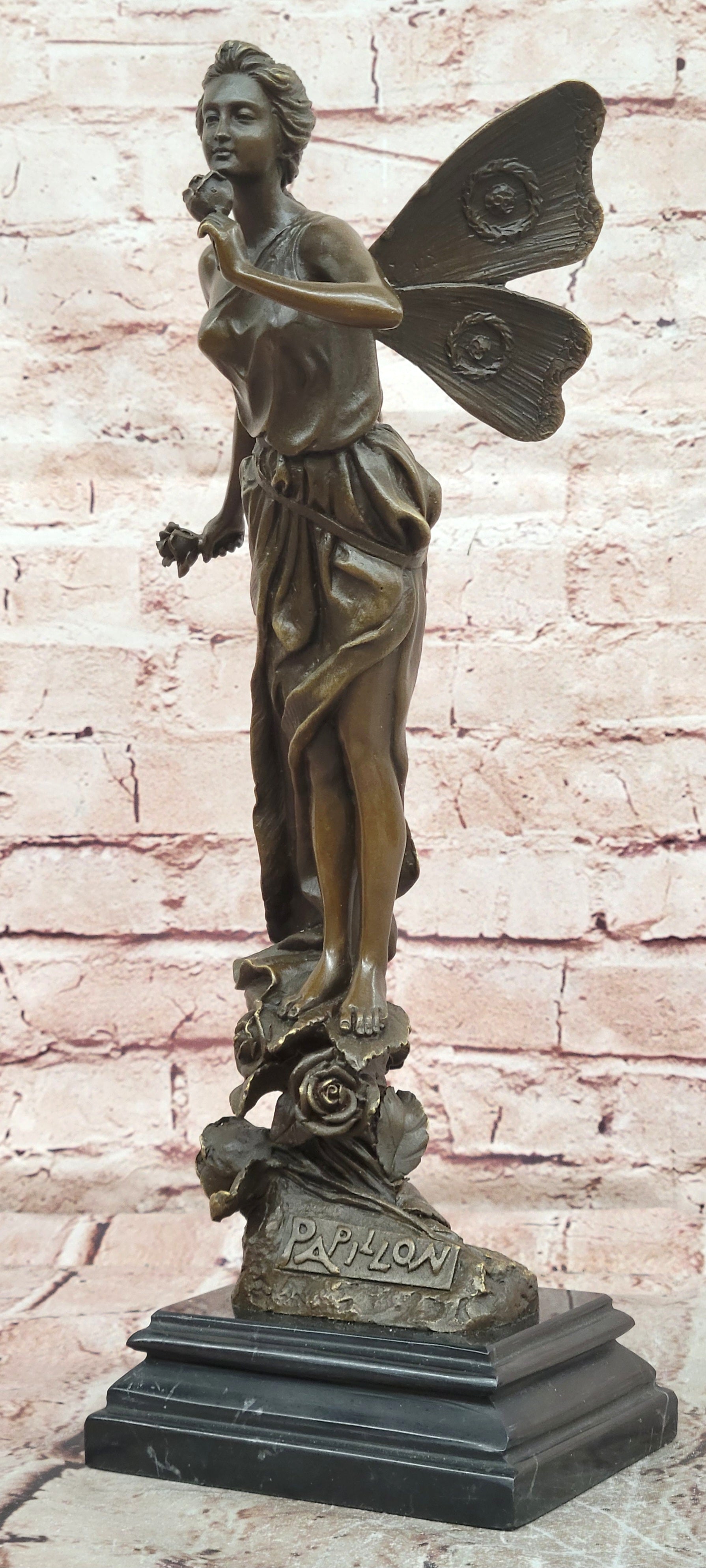 Signed Bronze Fairy with Flower Figurine Romantic Fine Art Display Piece