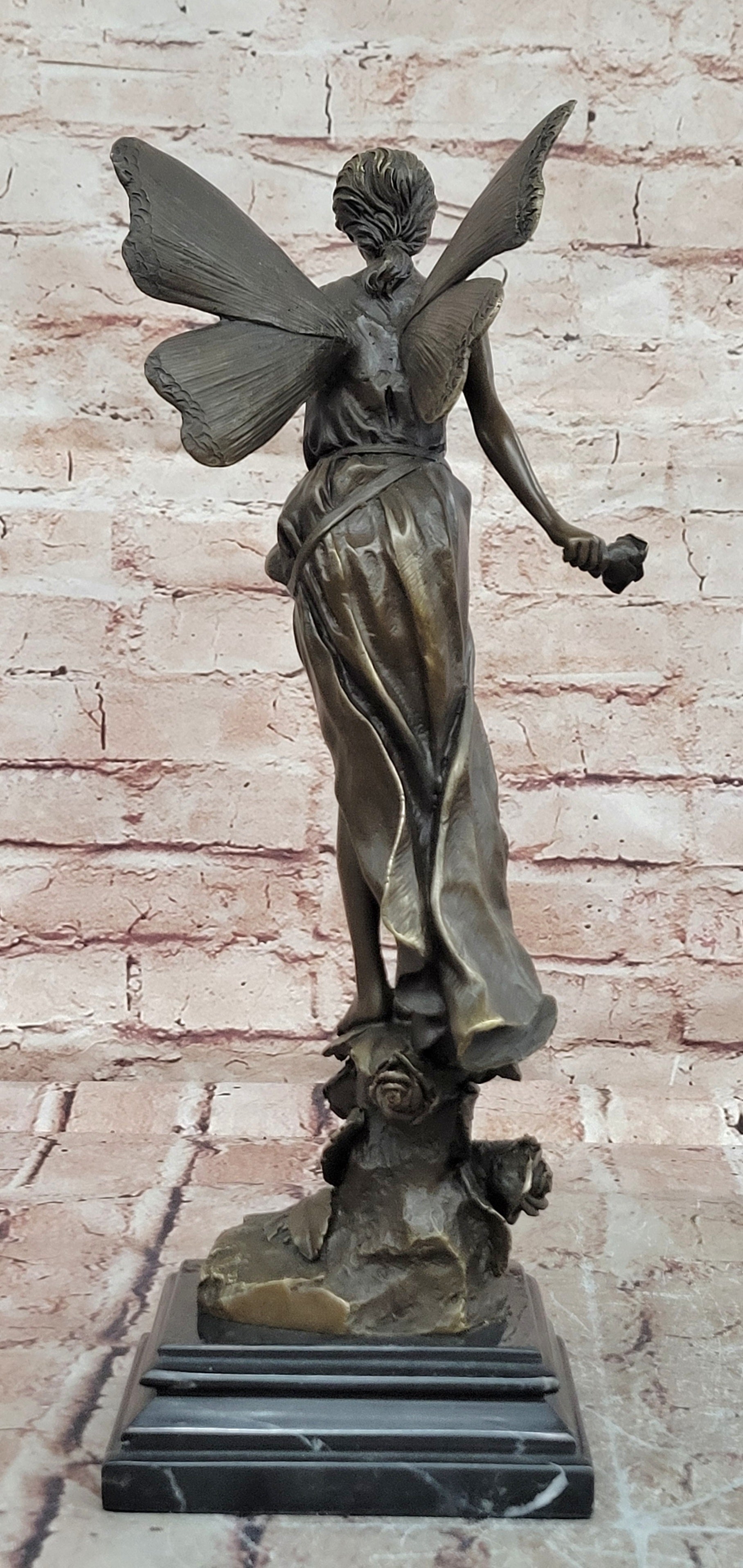 Signed Bronze Fairy with Flower Figurine Romantic Fine Art Display Piece