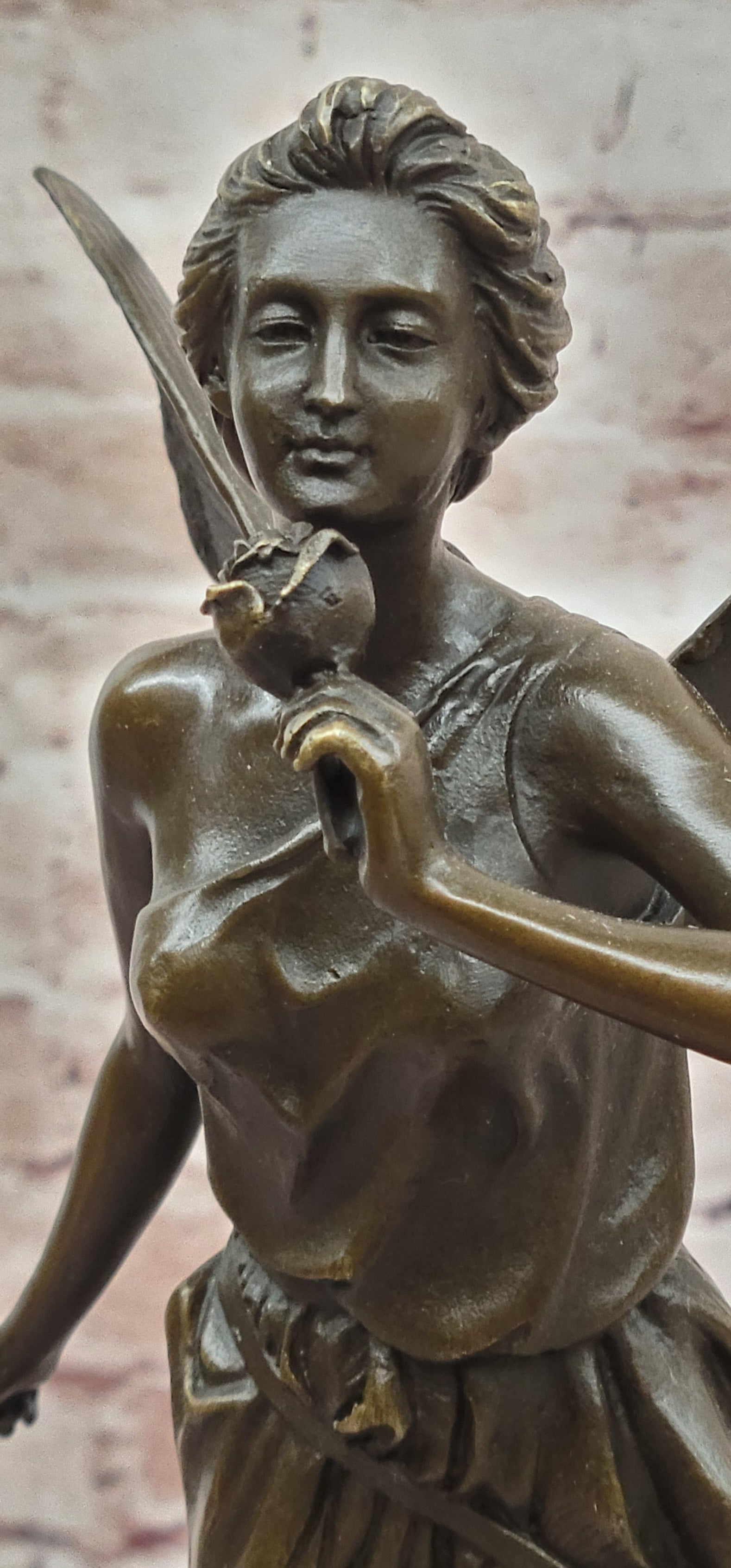 Signed Bronze Fairy with Flower Figurine Romantic Fine Art Display Piece