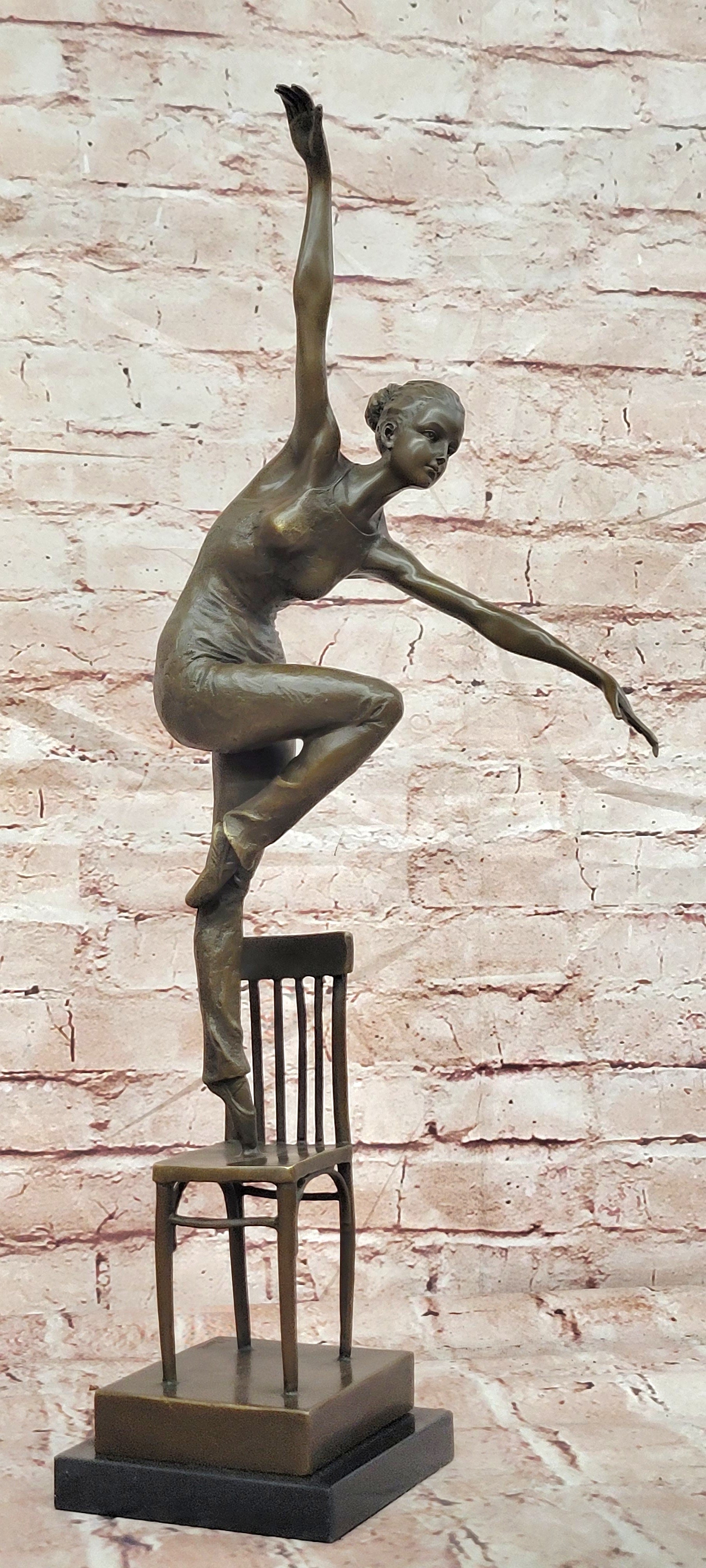 Bronze Female Dancer Statue Chair Pose Signed Patoue Collectible Figurine